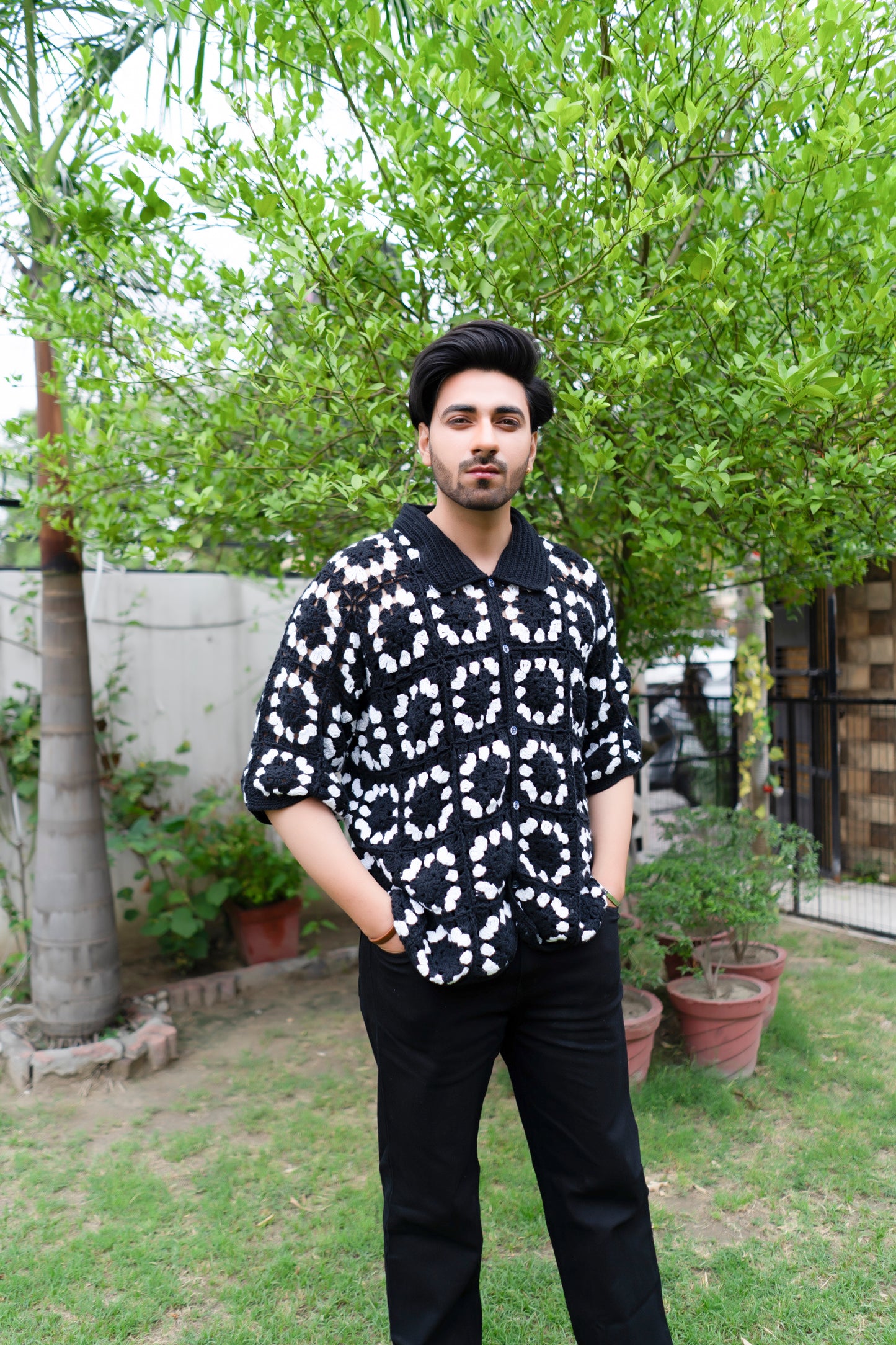 Black & White Grid Crochet Shirt
