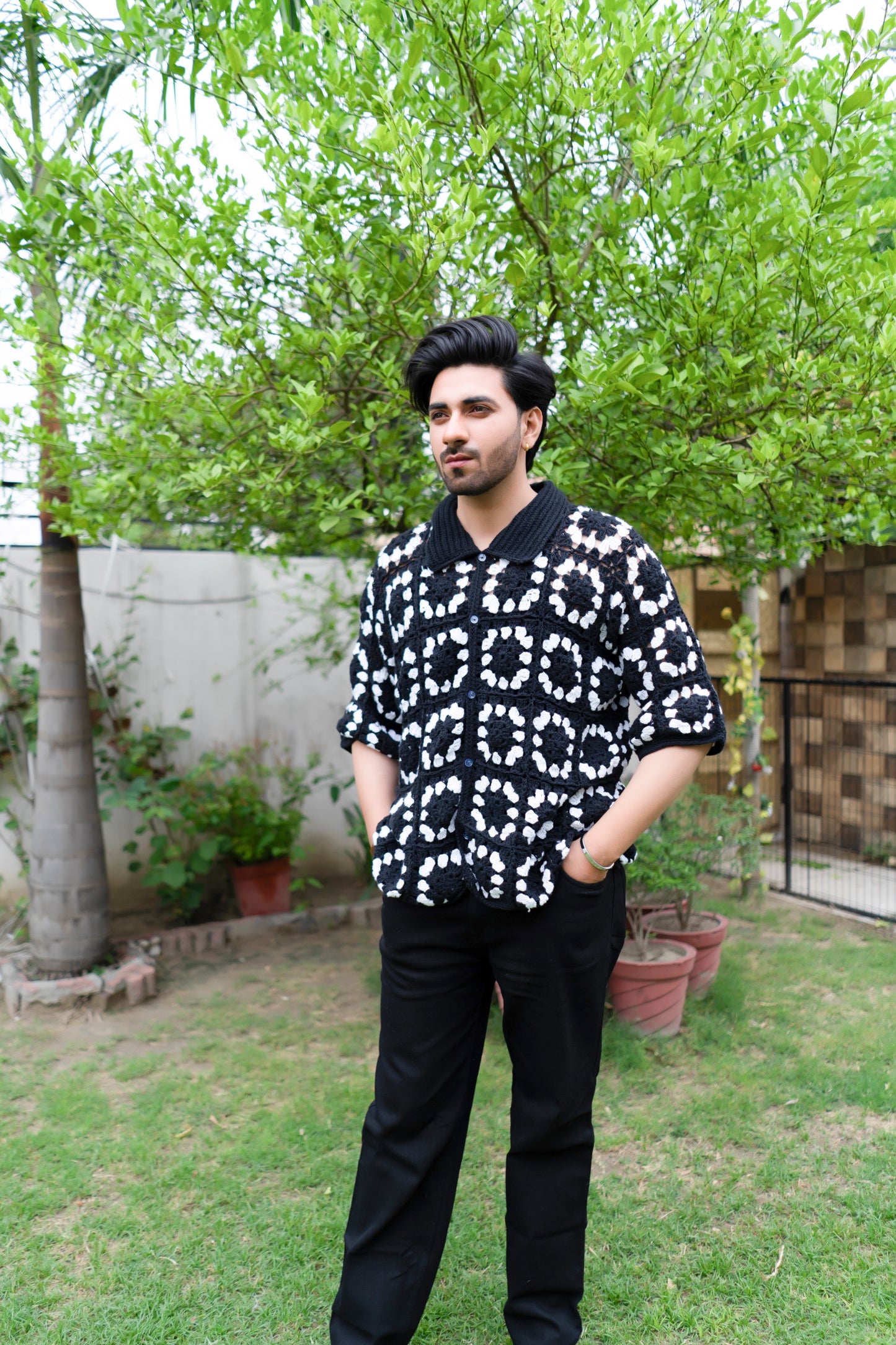 Black & White Grid Crochet Shirt