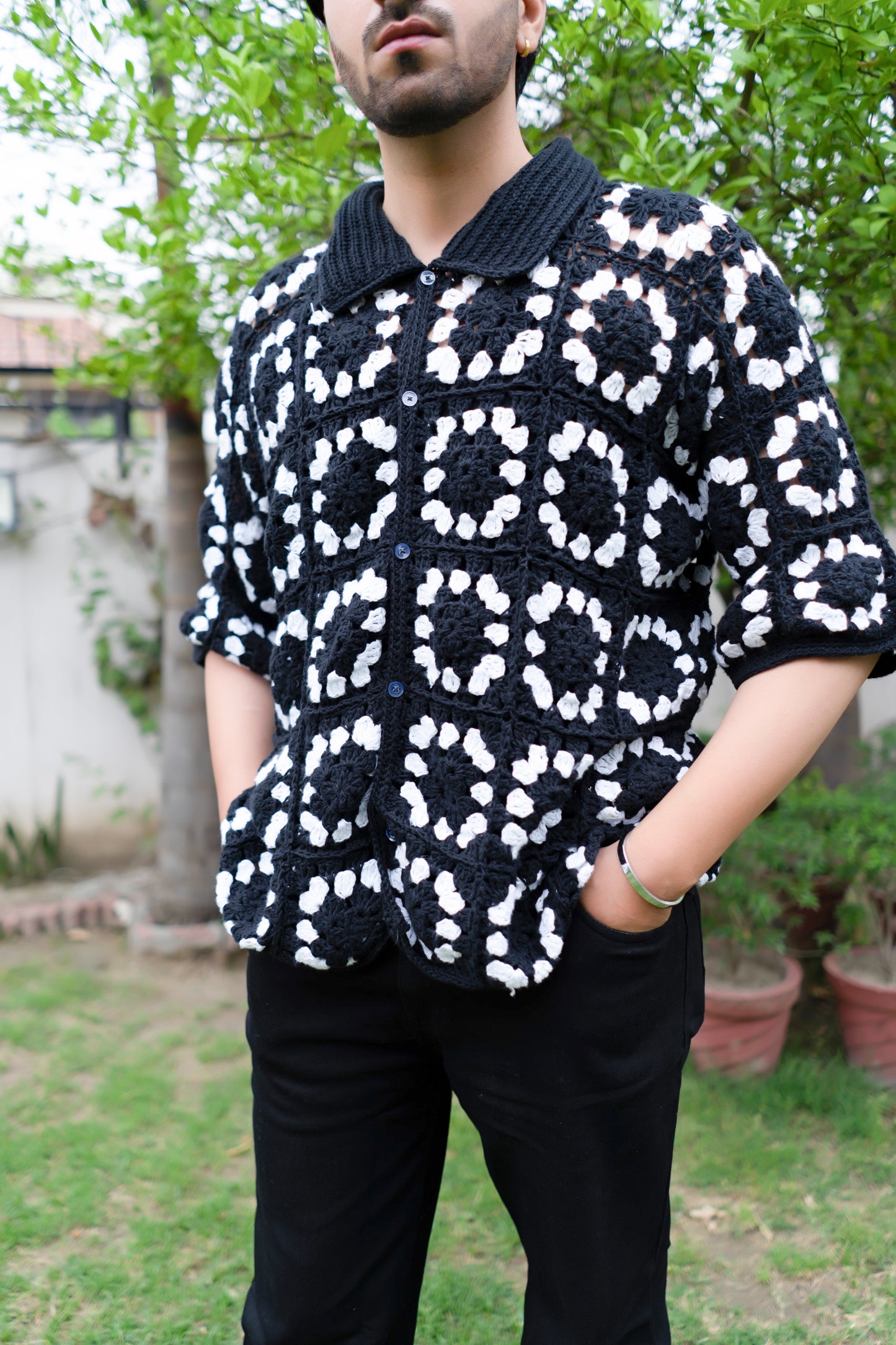 Black & White Grid Crochet Shirt