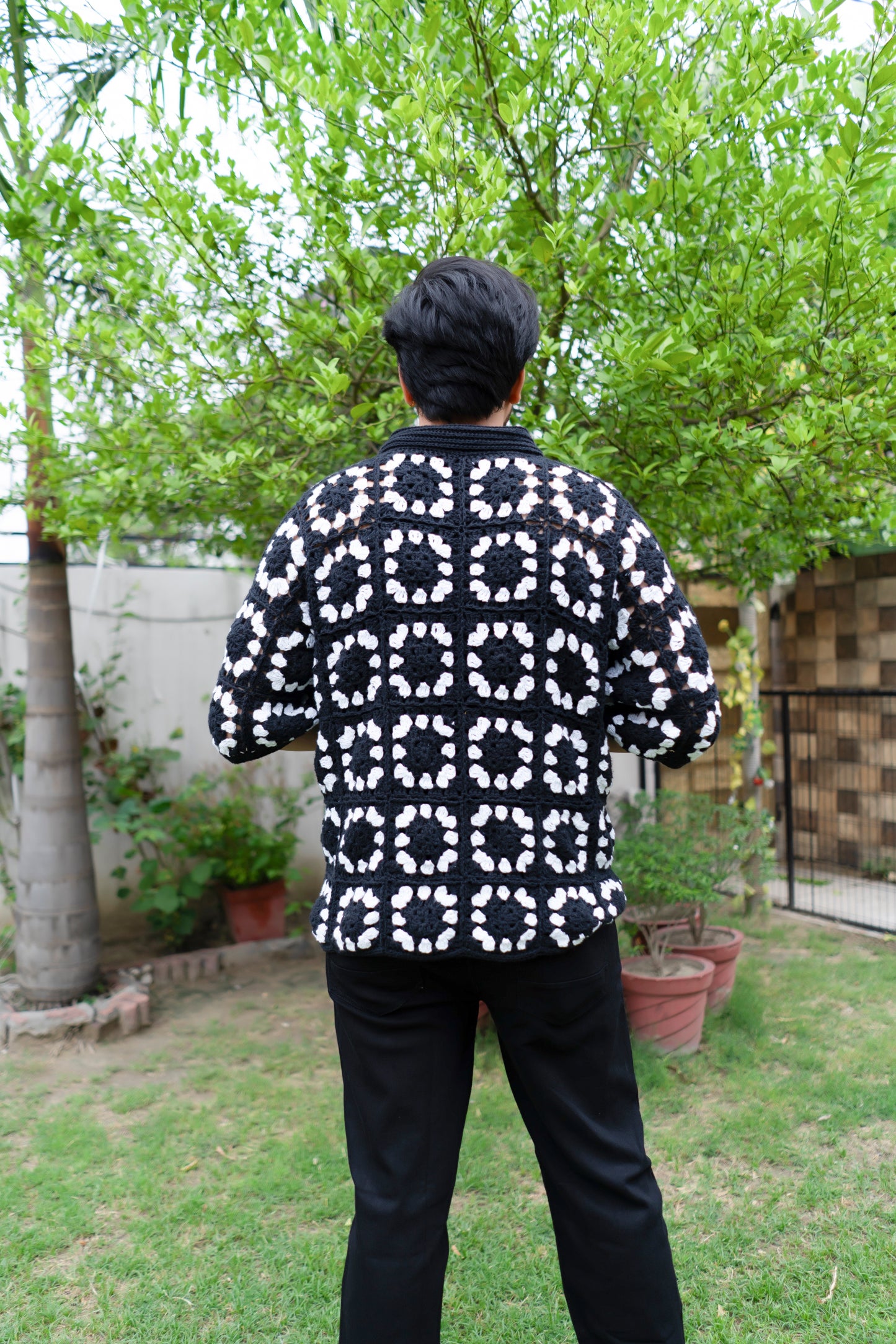 Black & White Grid Crochet Shirt