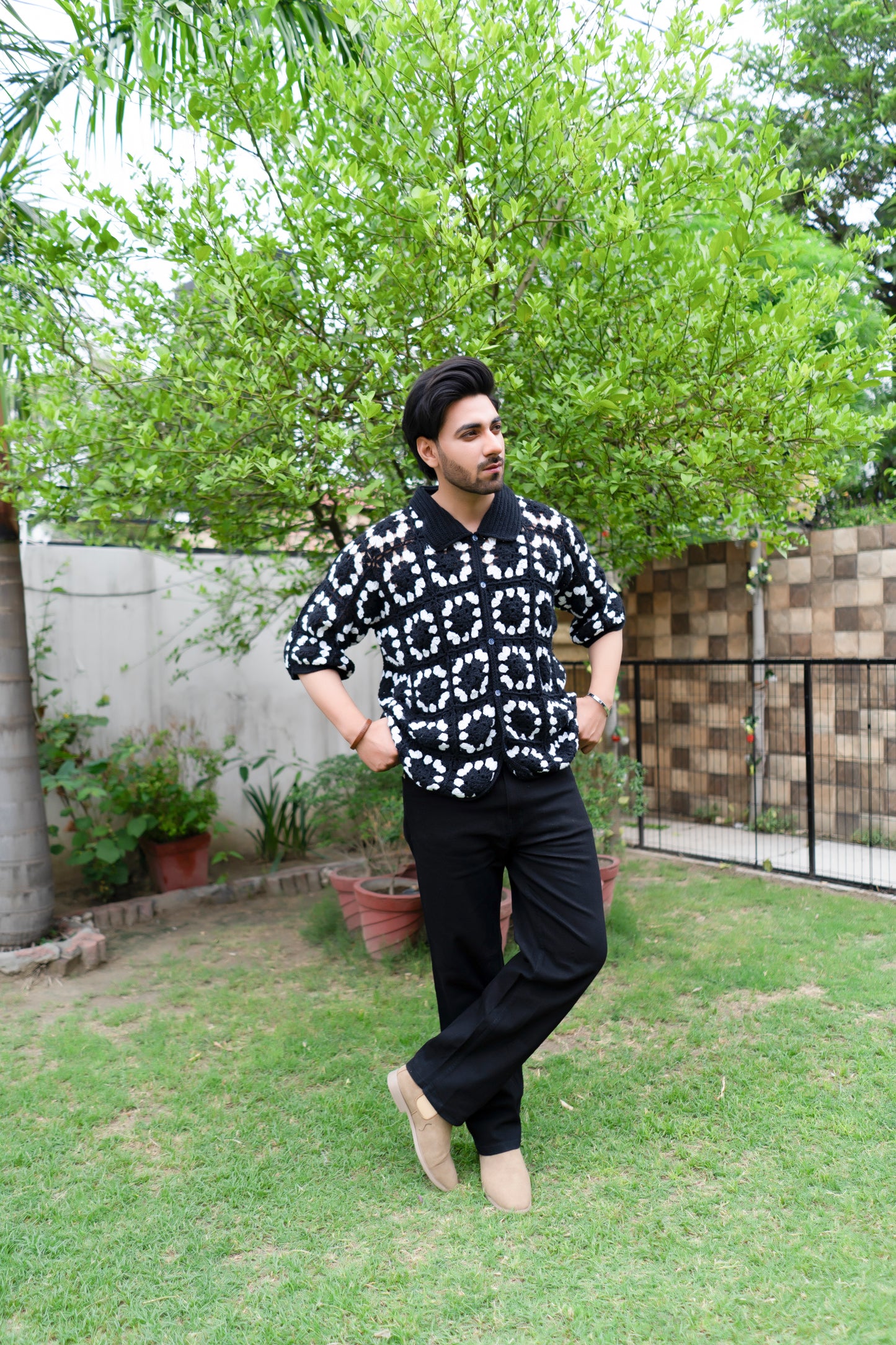 Black & White Grid Crochet Shirt
