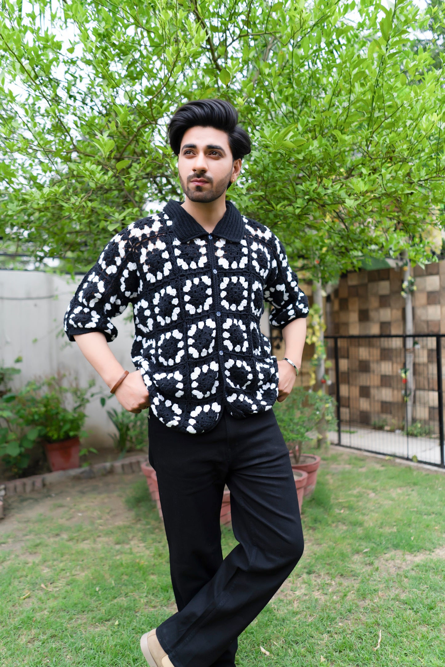 Black & White Grid Crochet Shirt