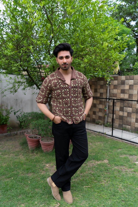Brown & Beige Granny Square Crochet Shirt