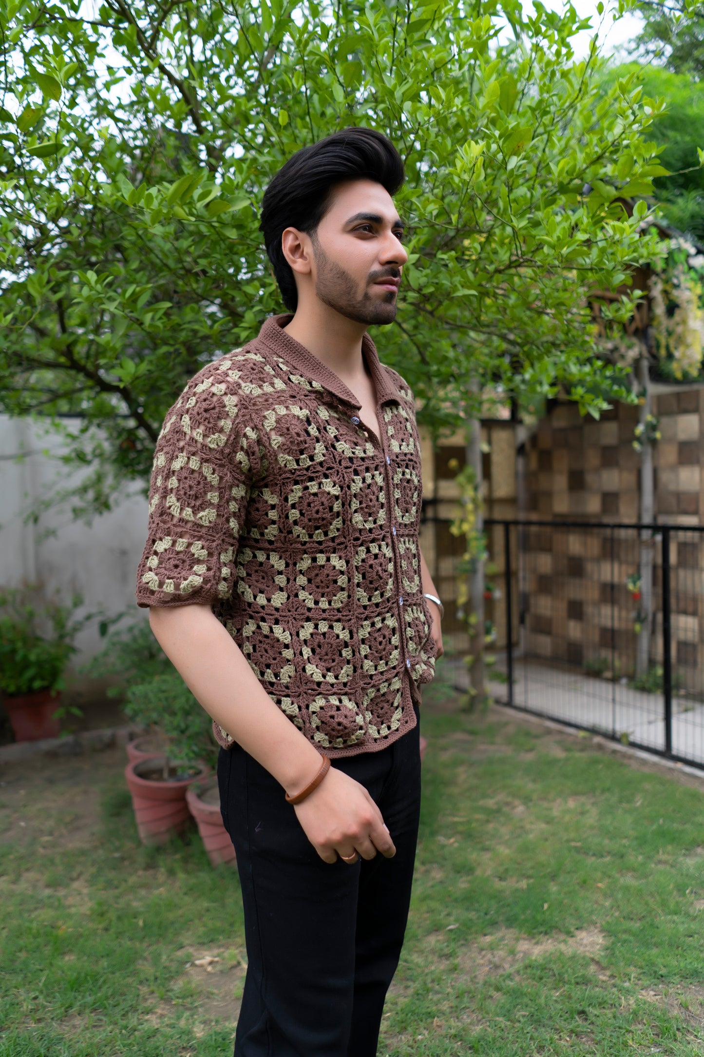 Brown & Beige Granny Square Crochet Shirt