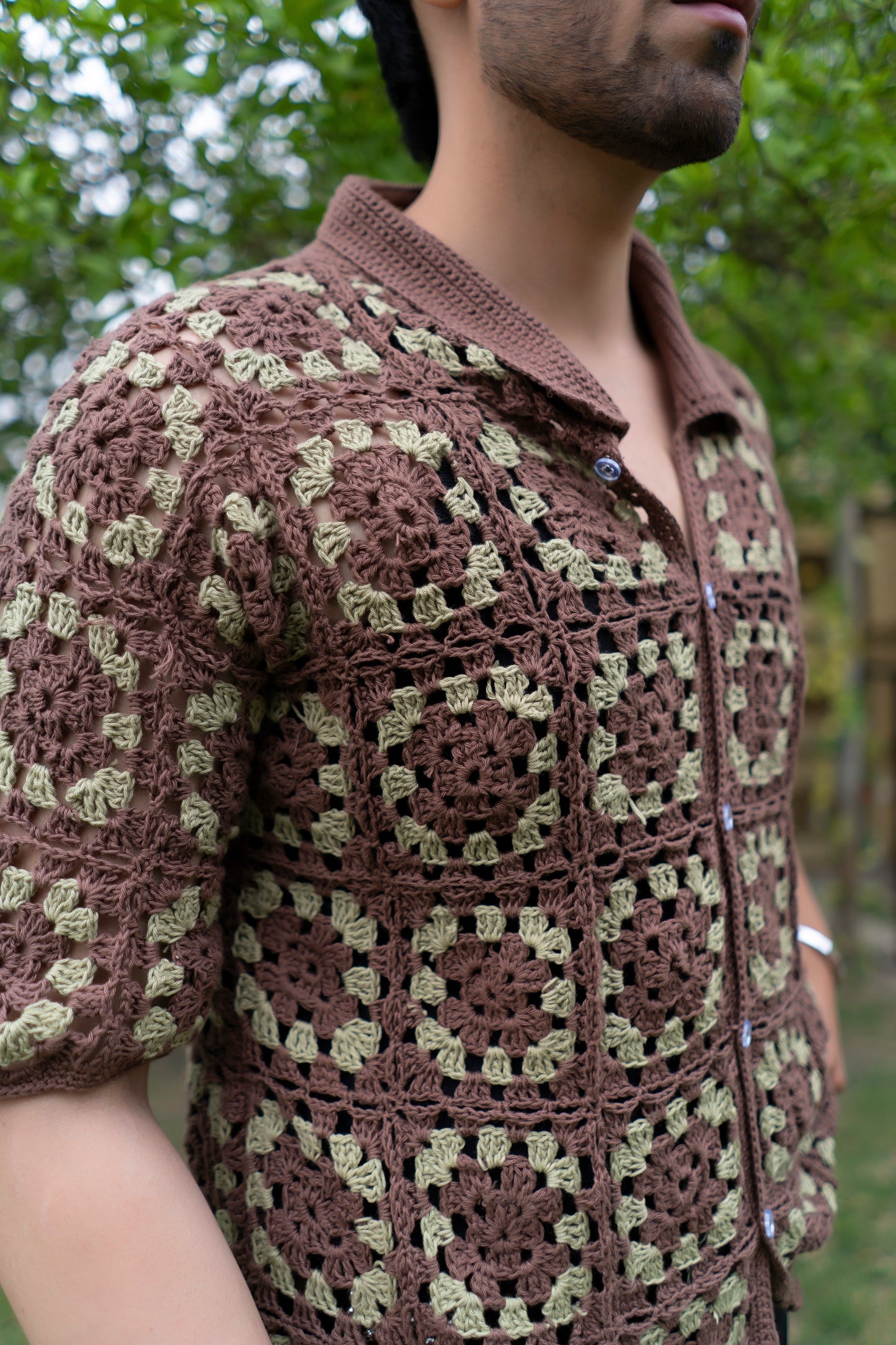 Brown & Beige Granny Square Crochet Shirt