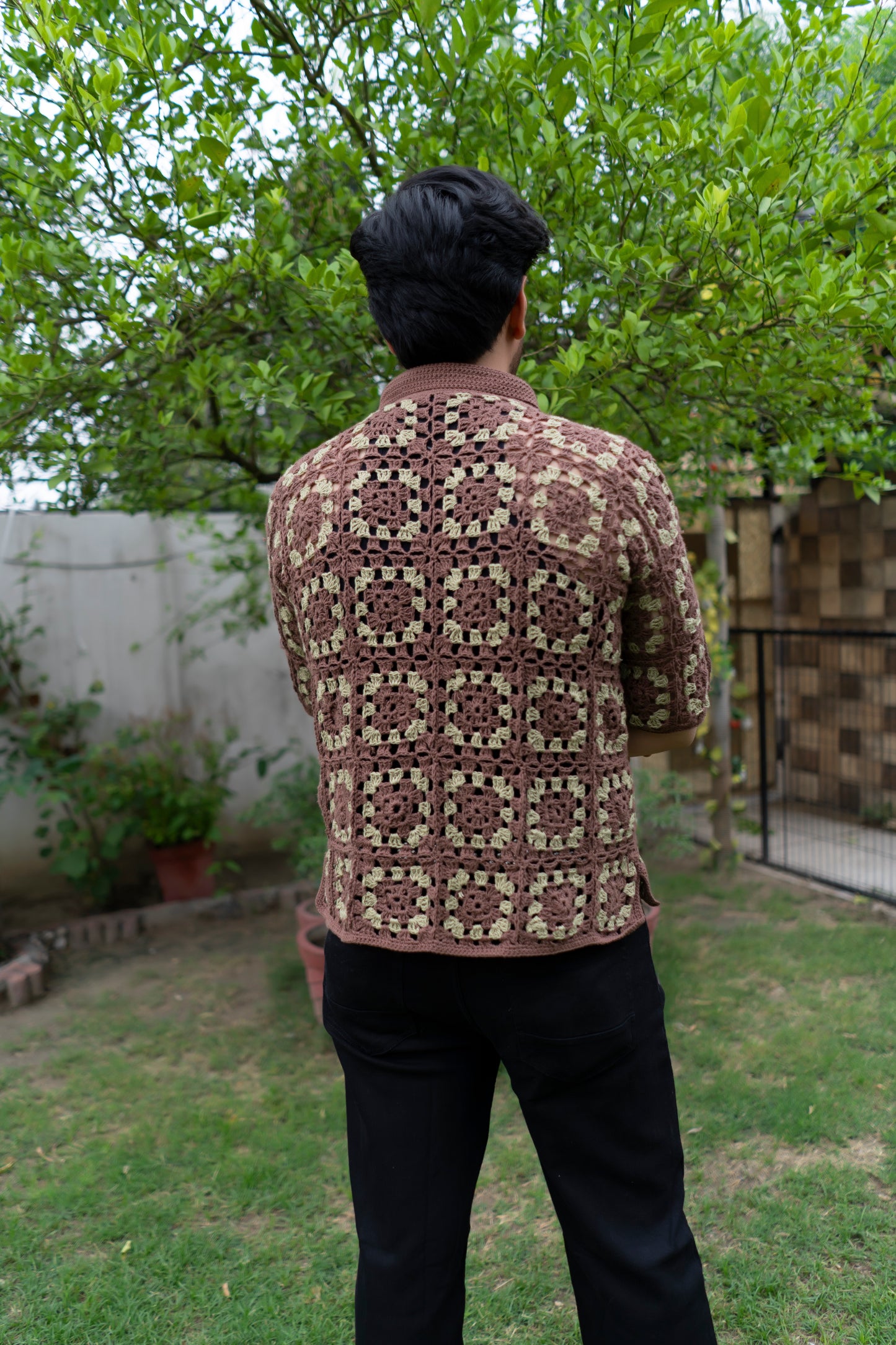 Brown & Beige Granny Square Crochet Shirt