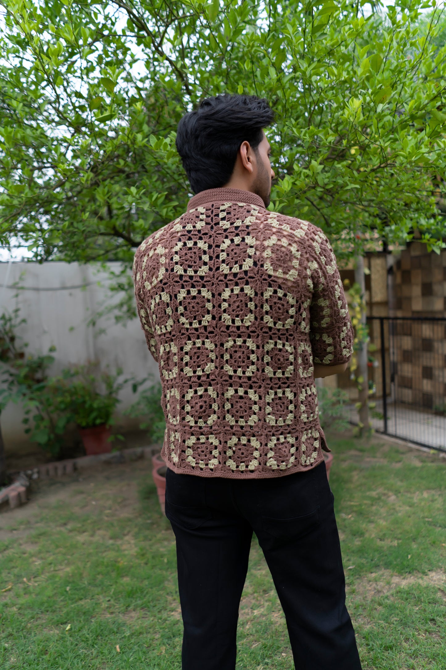 Brown & Beige Granny Square Crochet Shirt