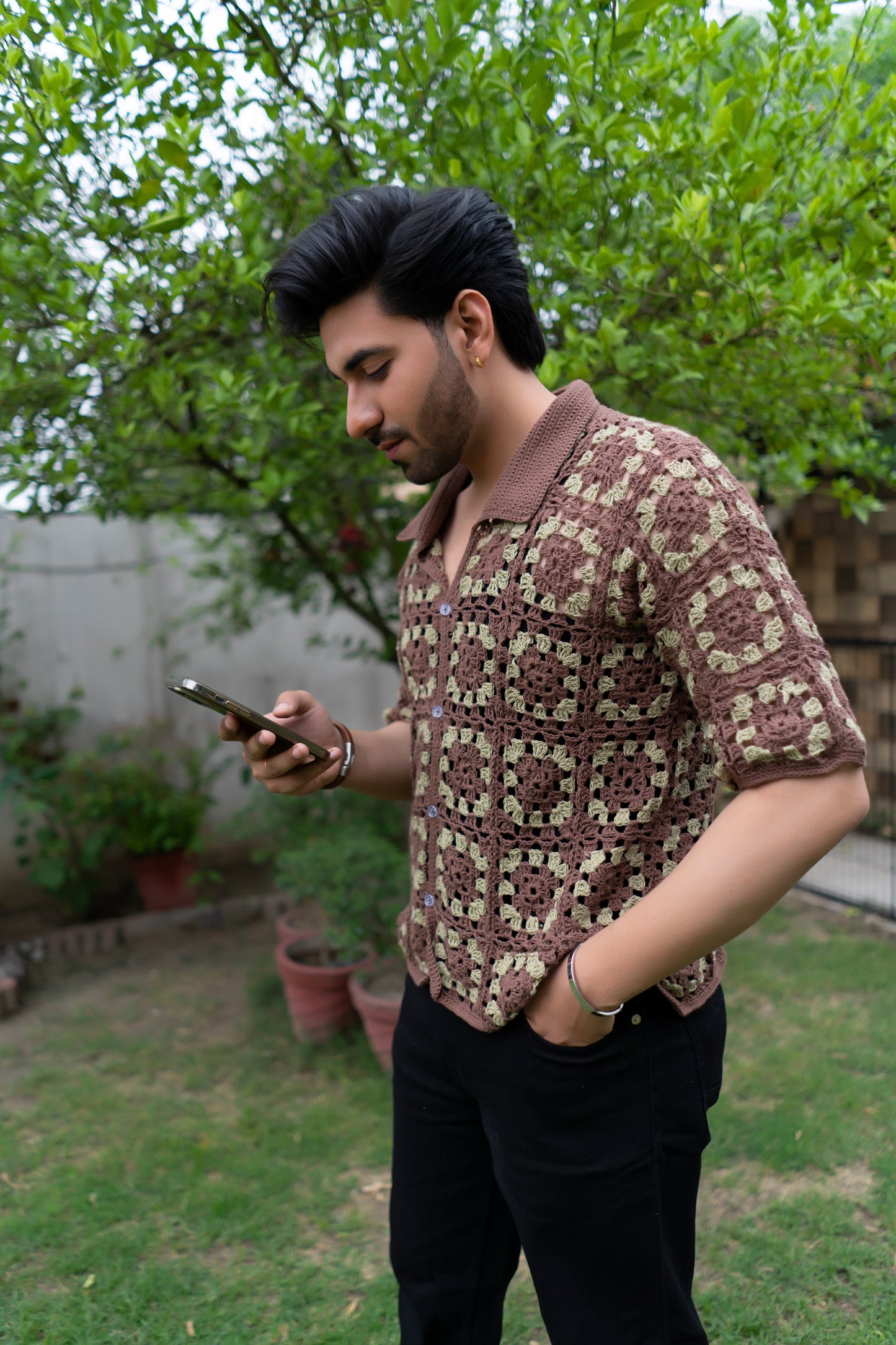 Brown & Beige Granny Square Crochet Shirt