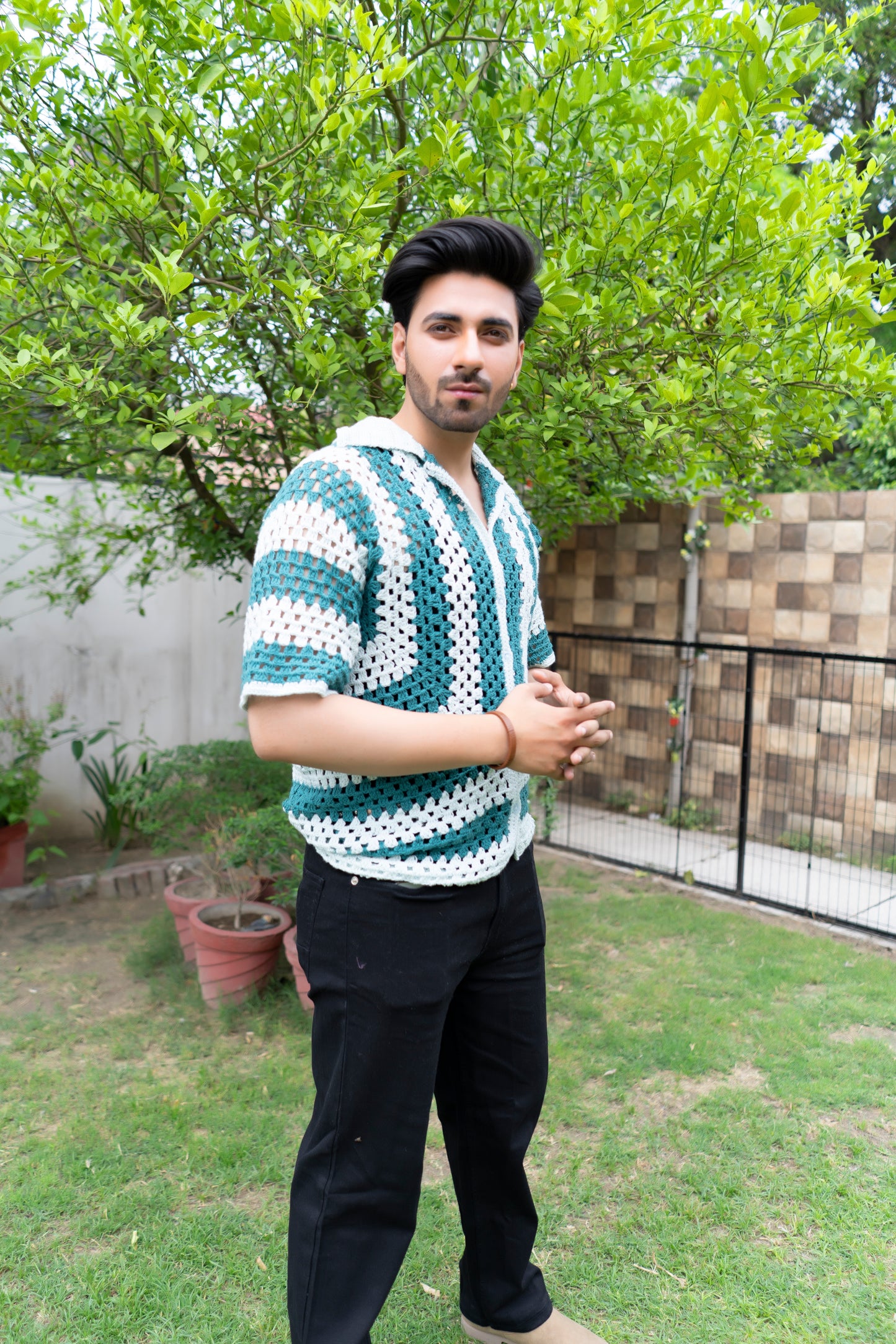 Teal & White Striped Handmade Crochet Shirt