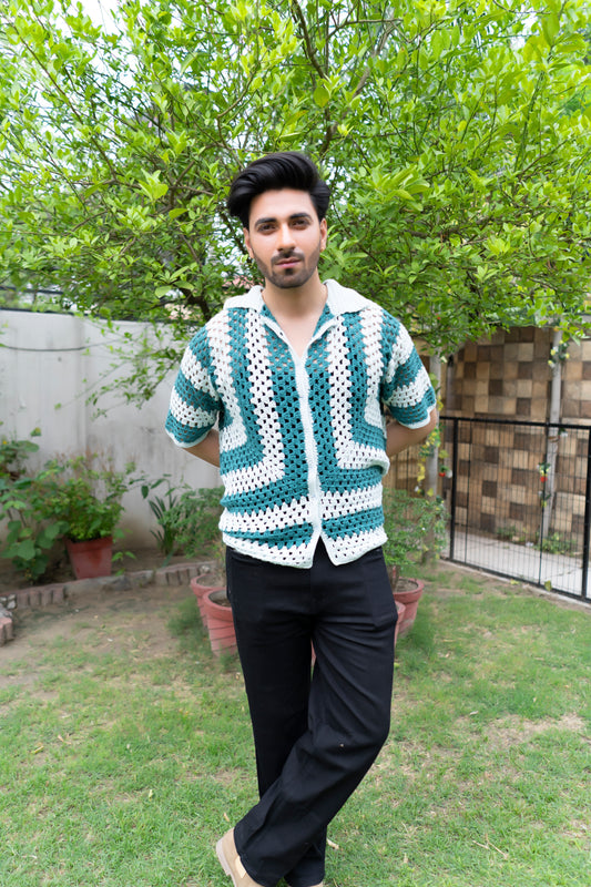 Teal & White Striped Handmade Crochet Shirt