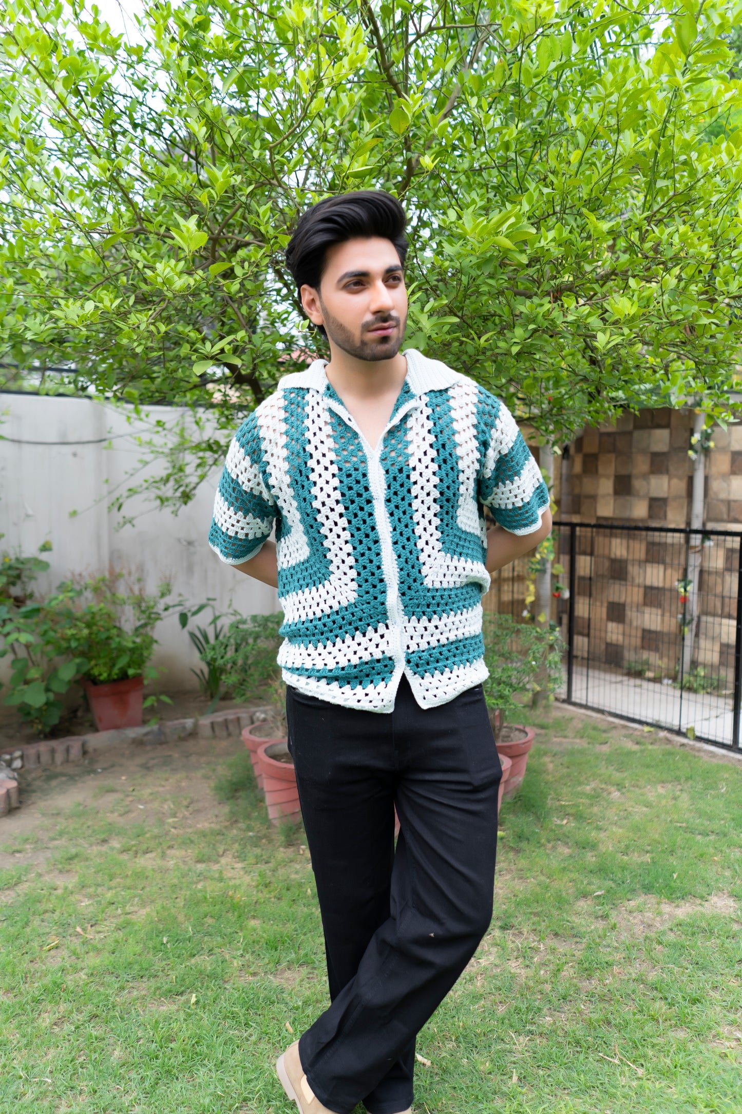 Teal & White Striped Handmade Crochet Shirt