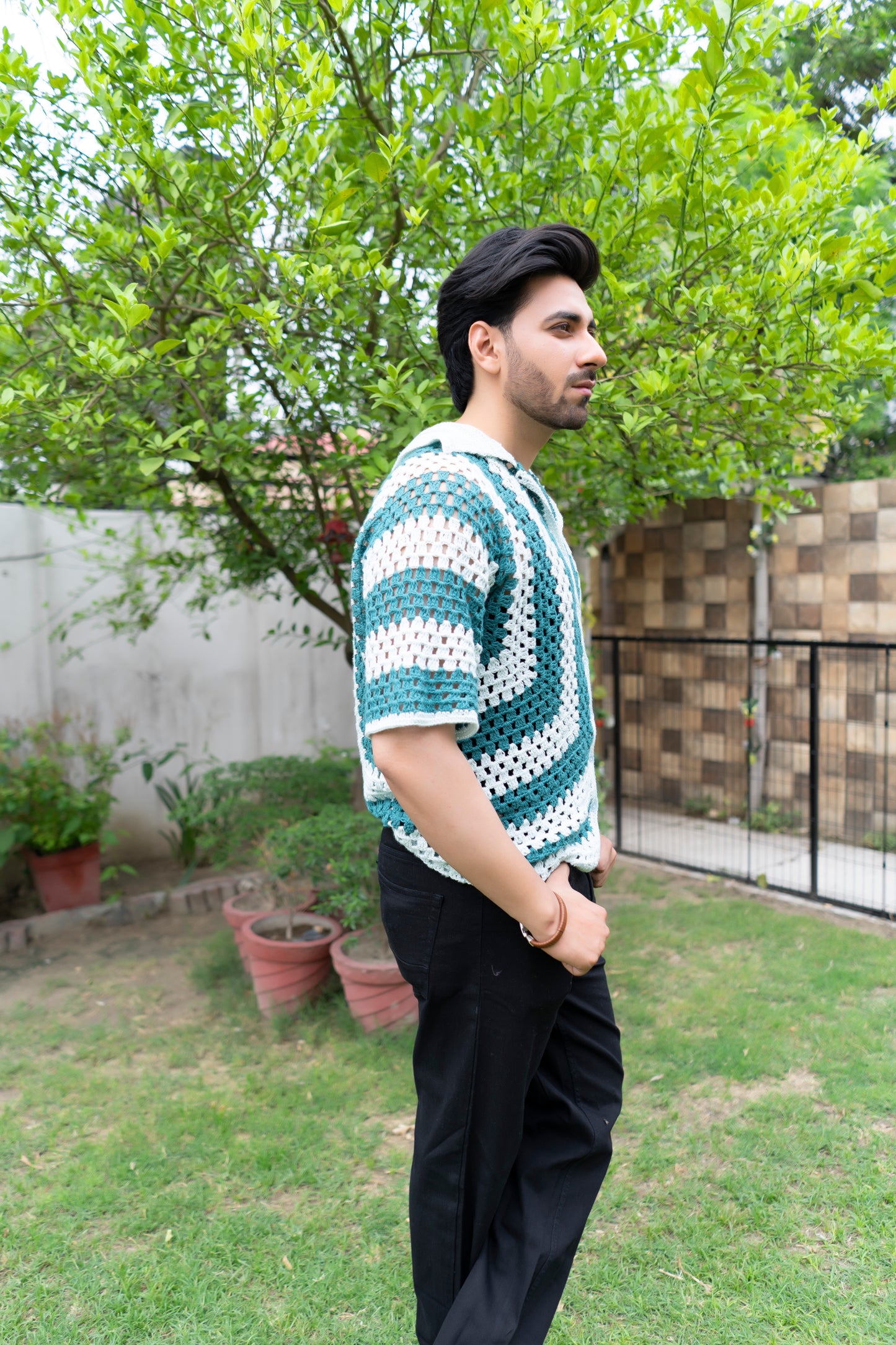 Teal & White Striped Handmade Crochet Shirt