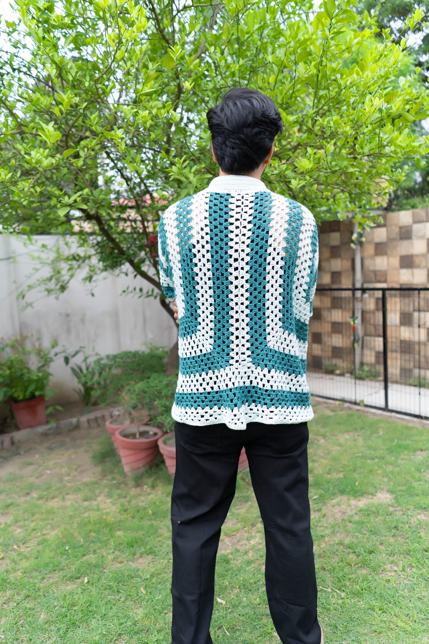 Teal & White Striped Handmade Crochet Shirt