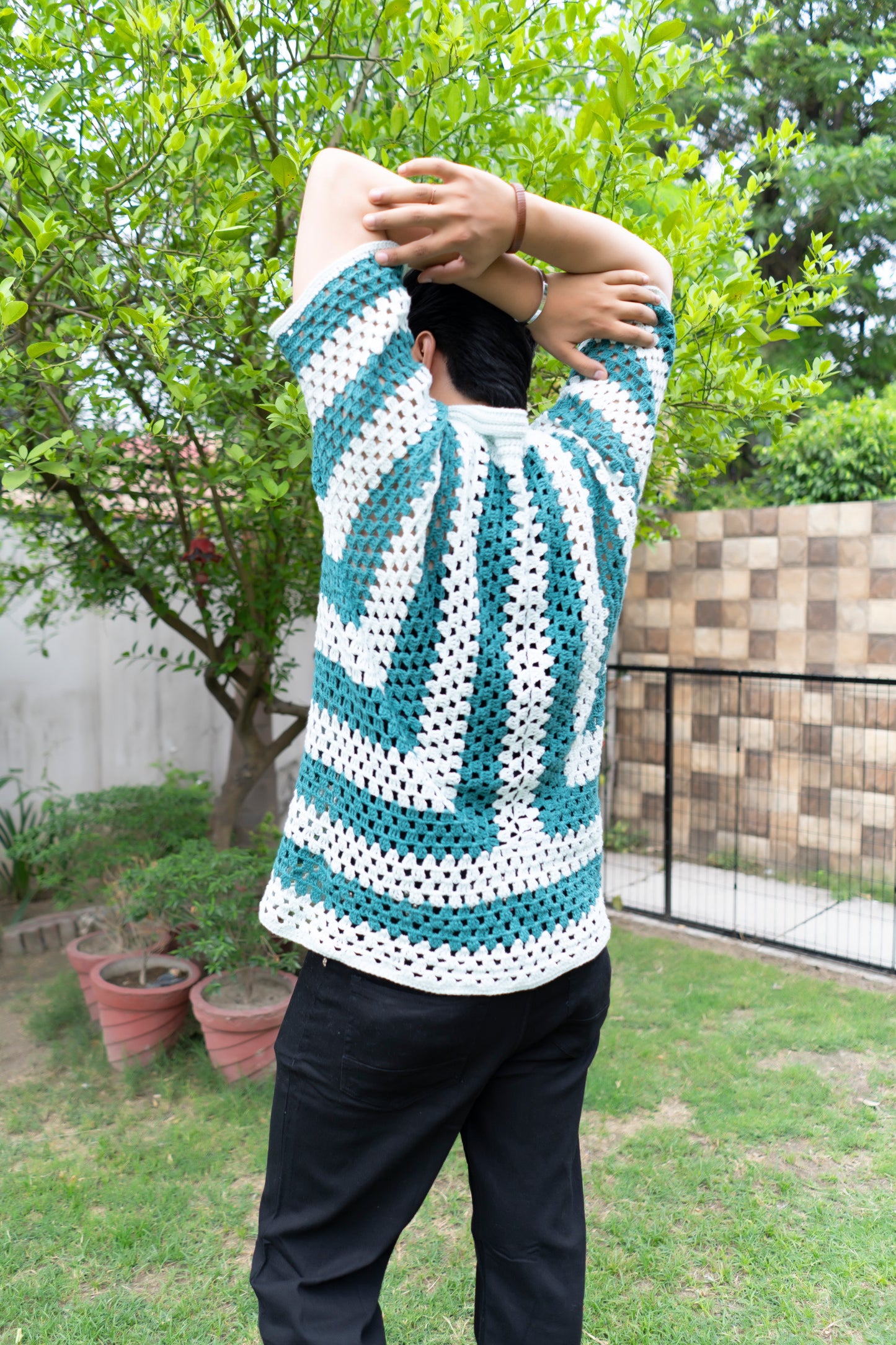 Teal & White Striped Handmade Crochet Shirt
