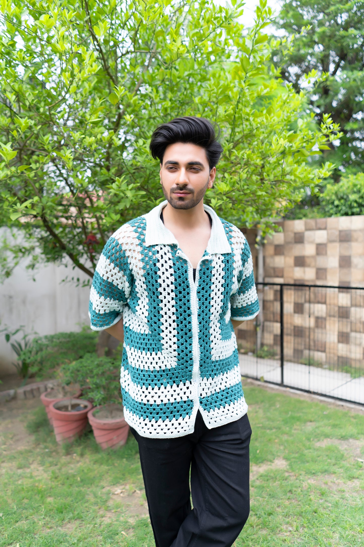 Teal & White Striped Handmade Crochet Shirt