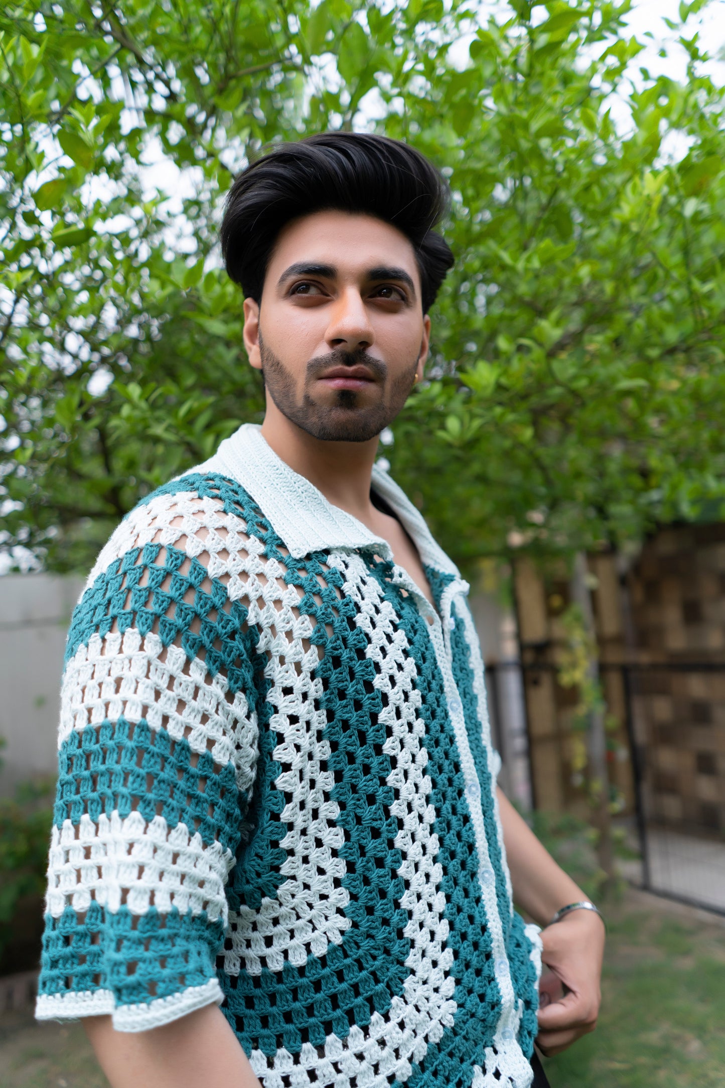 Teal & White Striped Handmade Crochet Shirt