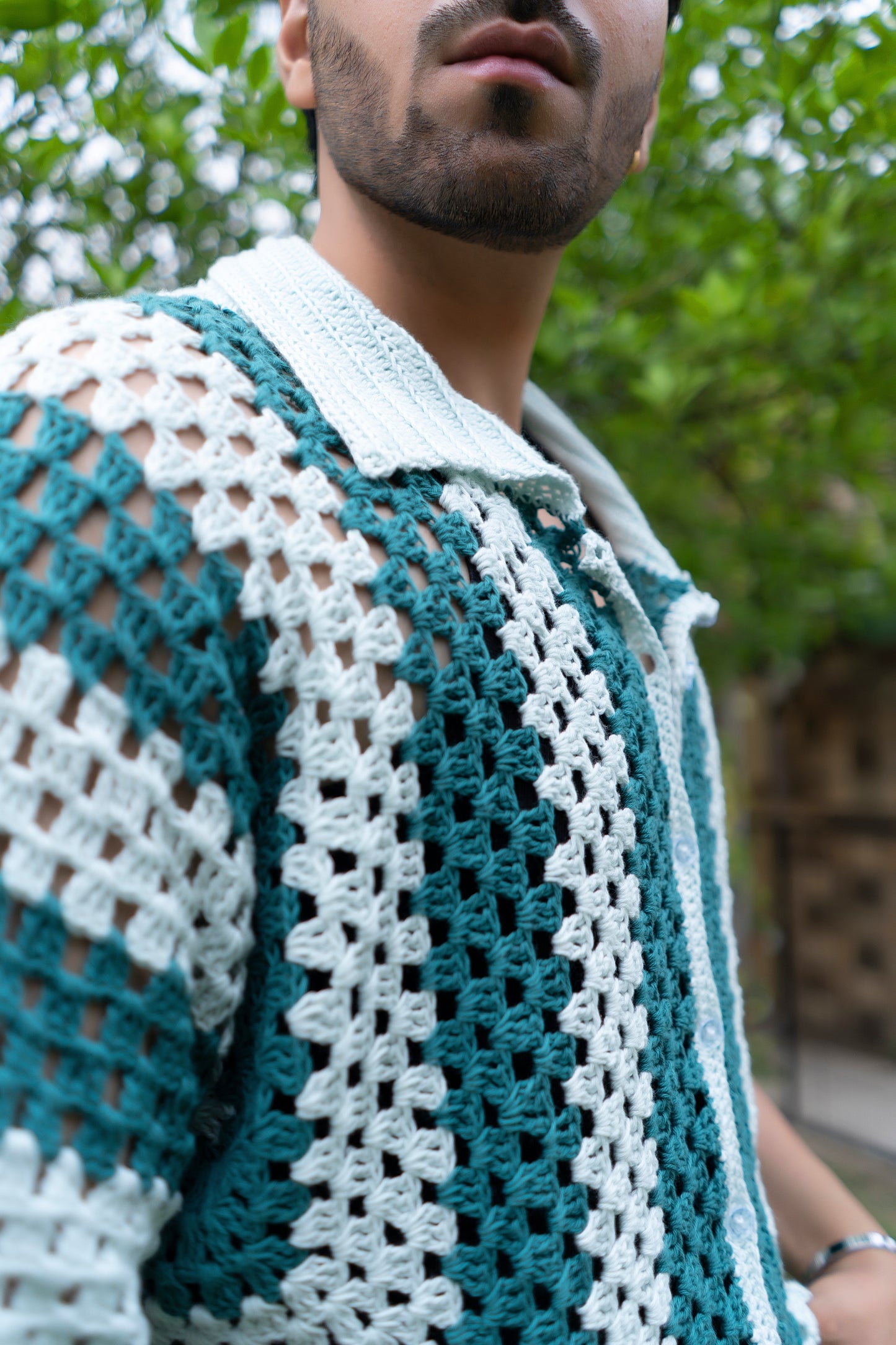 Teal & White Striped Handmade Crochet Shirt