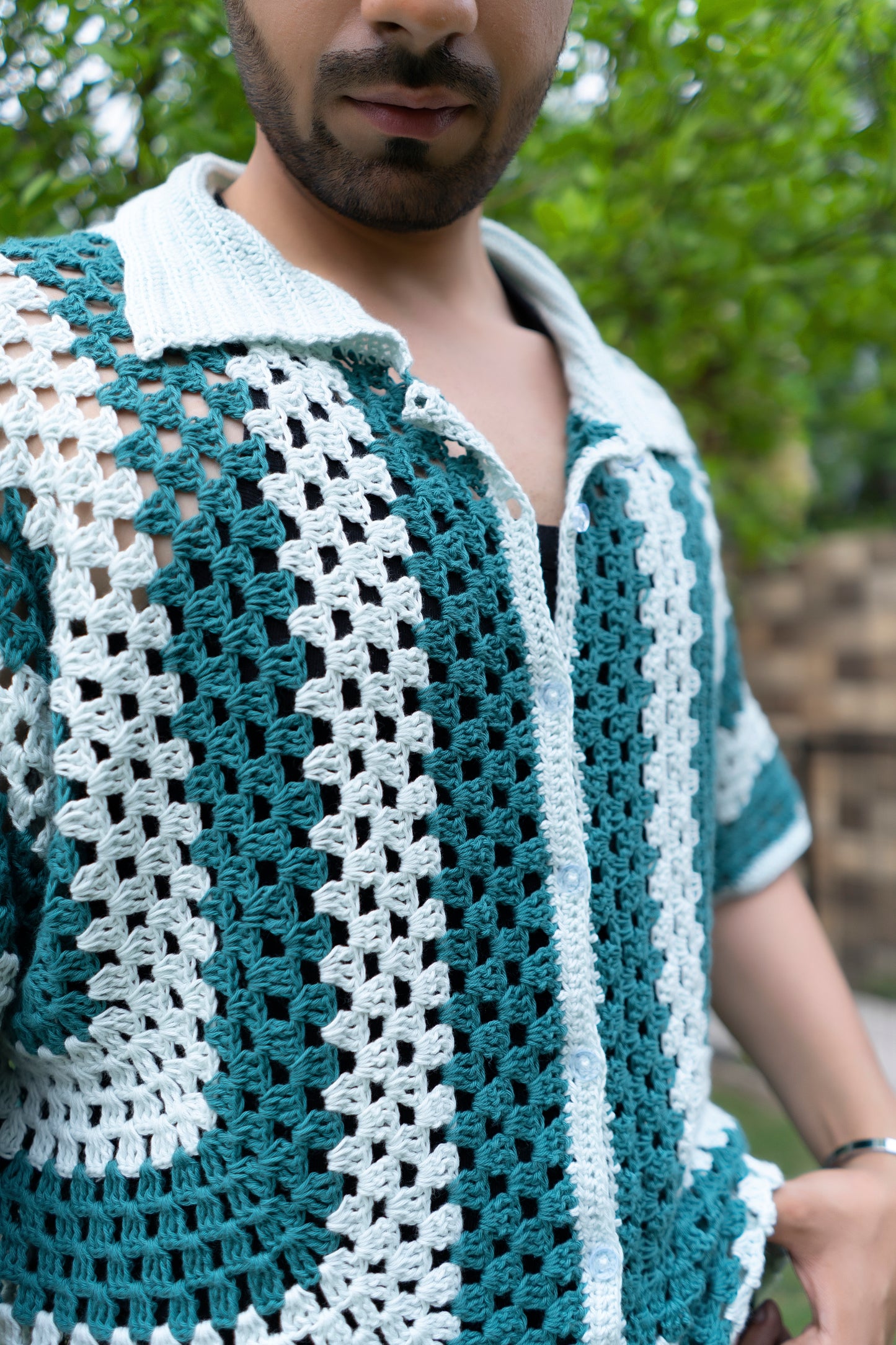 Teal & White Striped Handmade Crochet Shirt