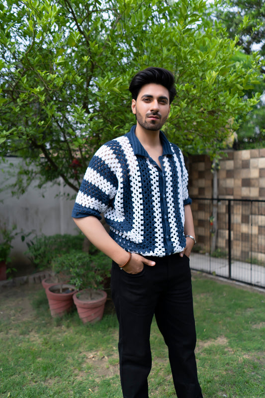 Navy & White Striped Handmade Crochet Shirt