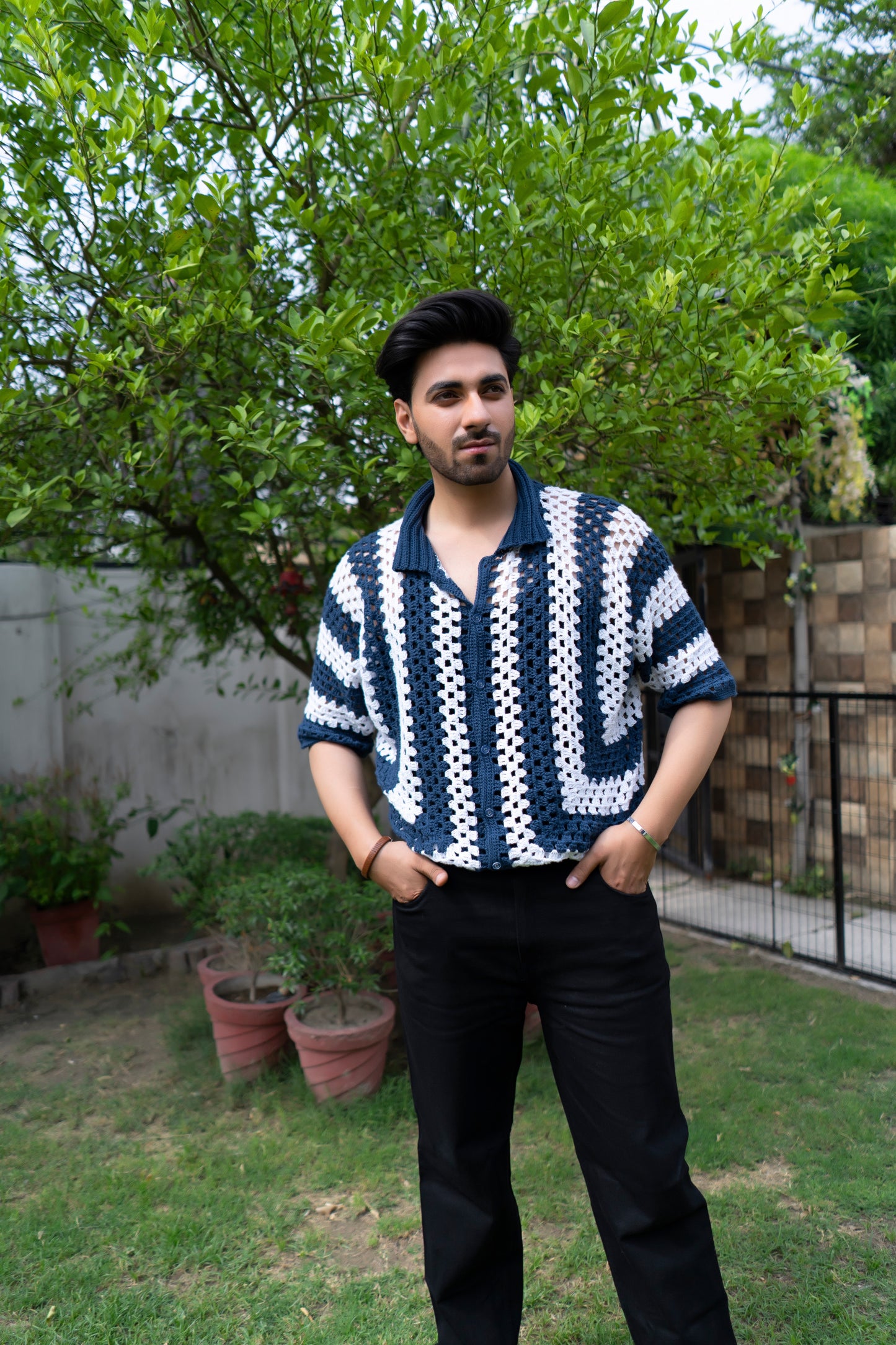 Navy & White Striped Handmade Crochet Shirt
