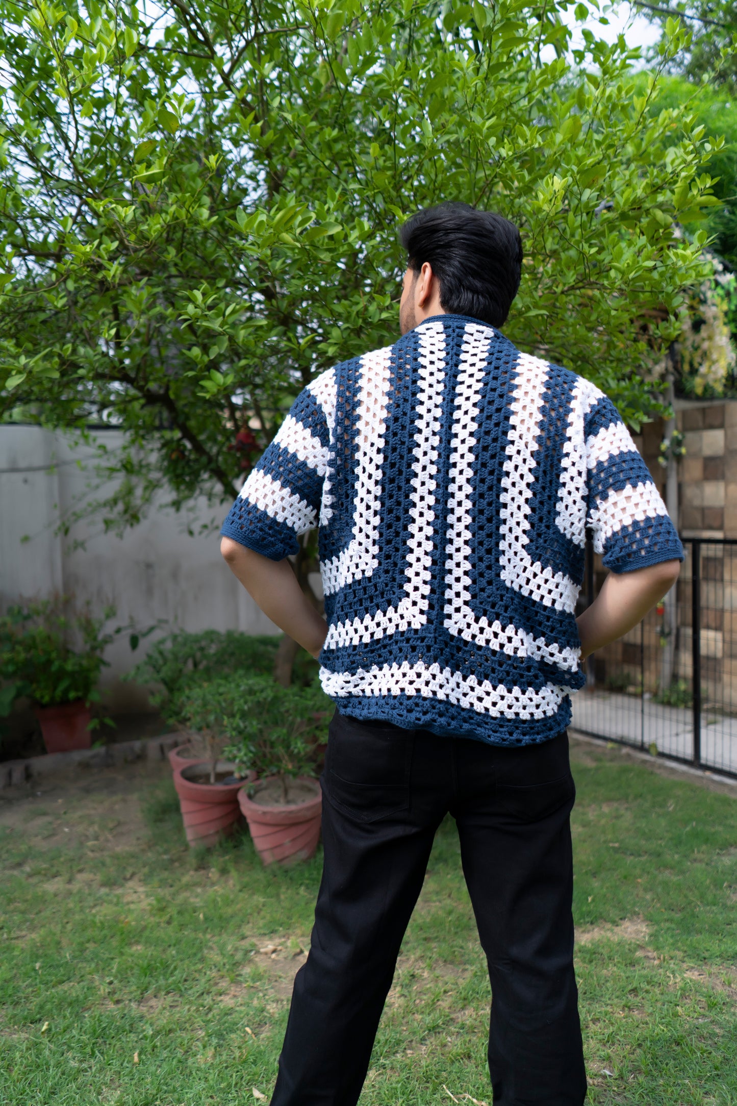 Navy & White Striped Handmade Crochet Shirt