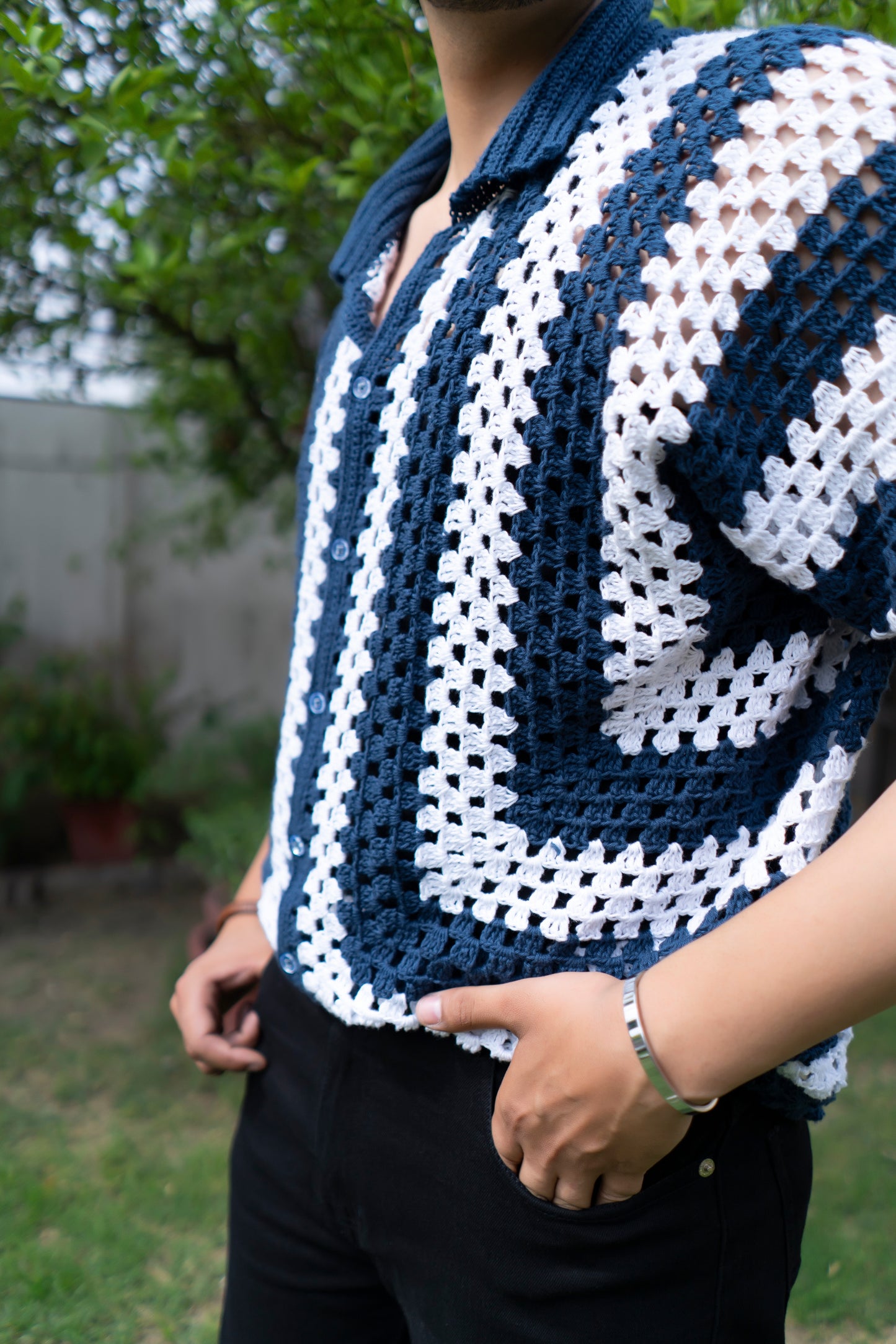 Navy & White Striped Handmade Crochet Shirt