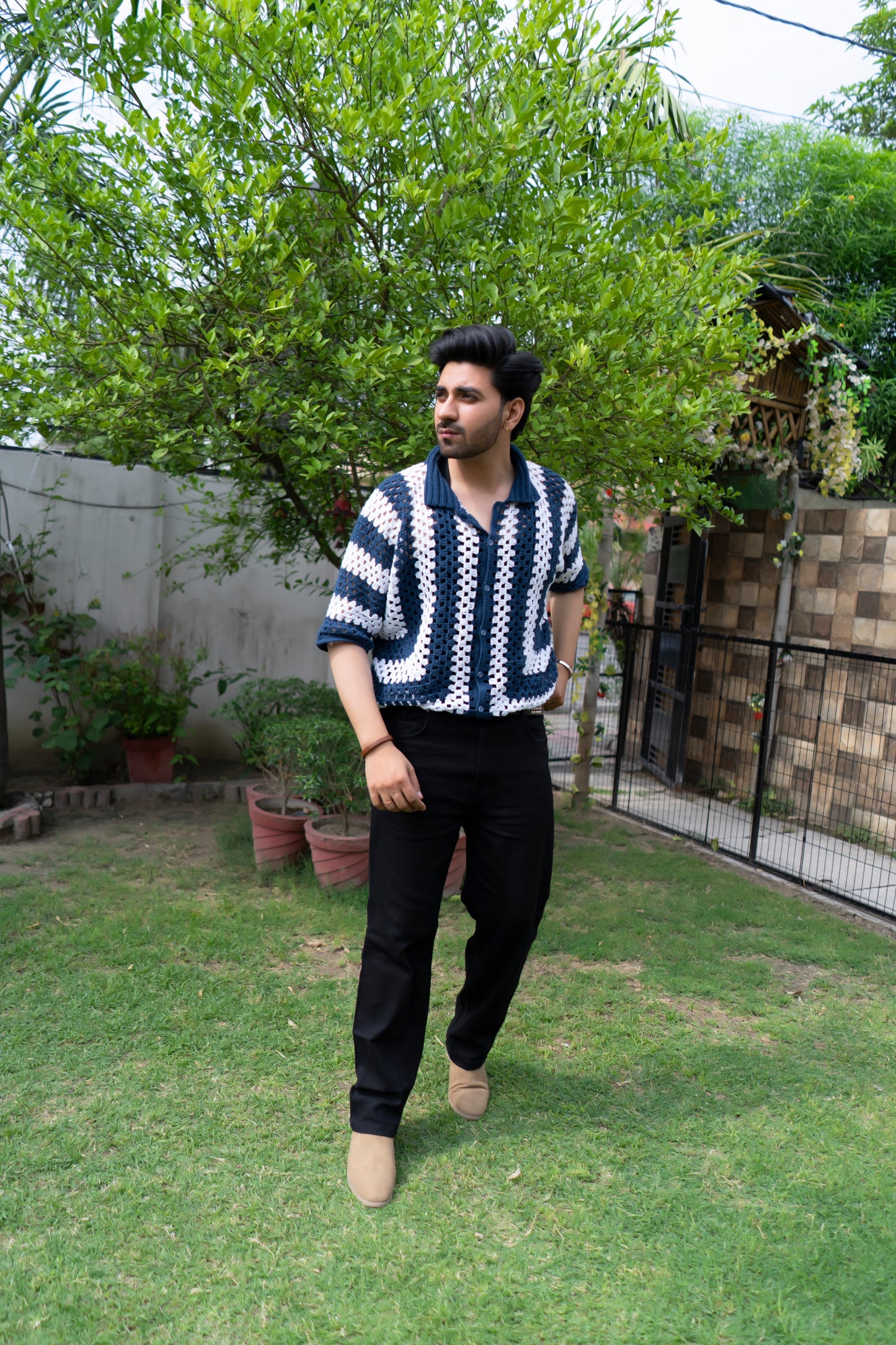 Navy & White Striped Handmade Crochet Shirt