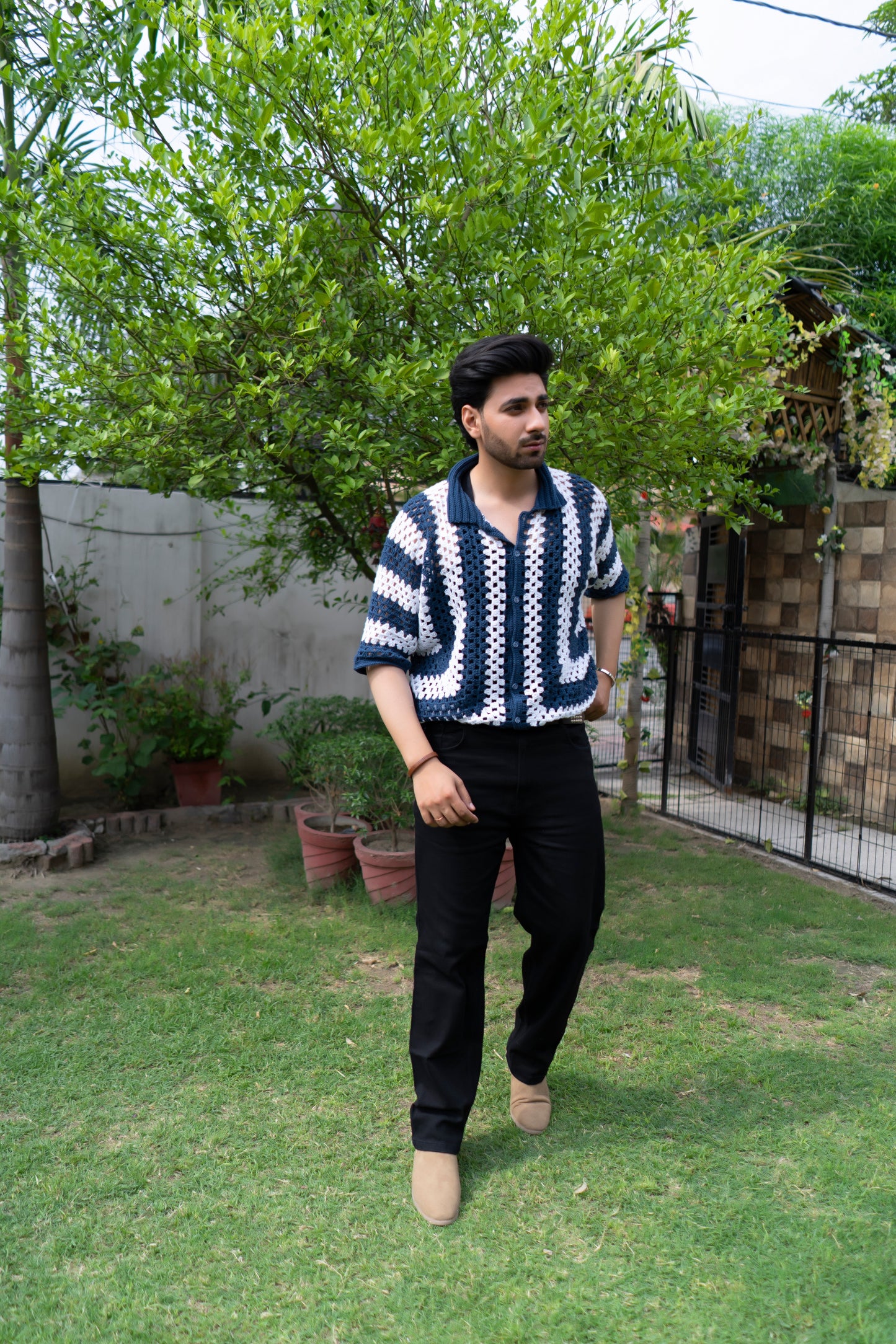 Navy & White Striped Handmade Crochet Shirt