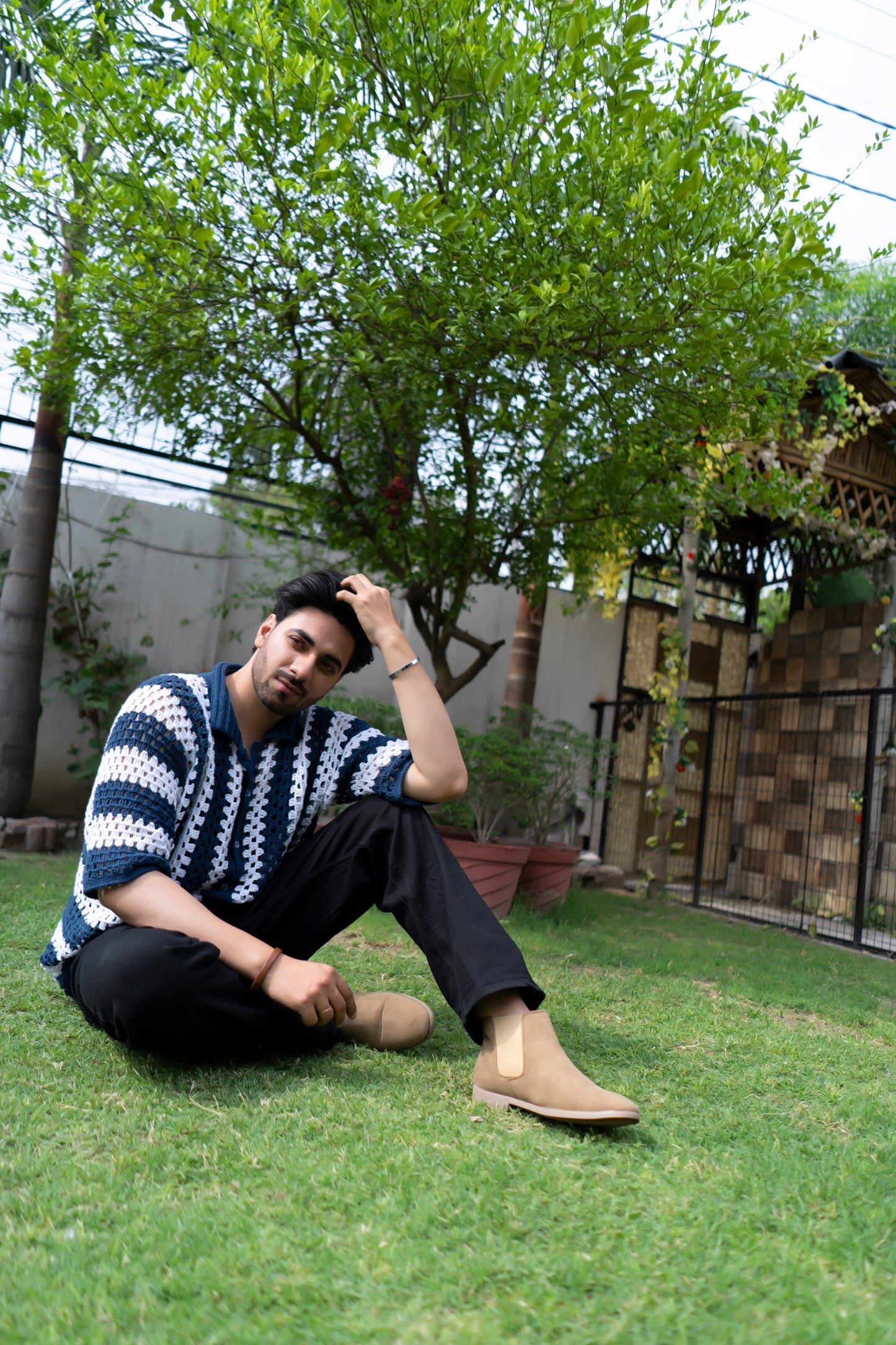 Navy & White Striped Handmade Crochet Shirt