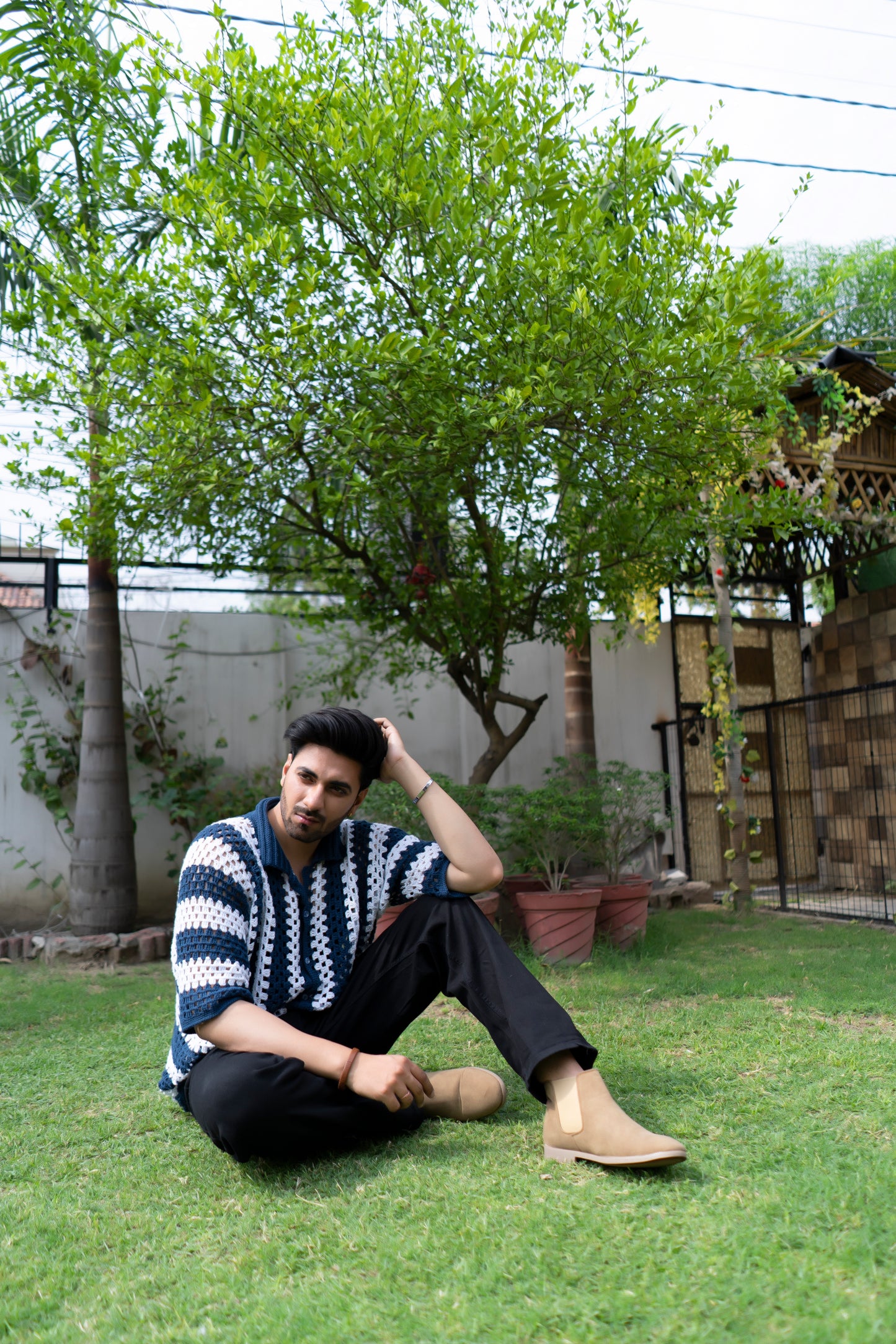 Navy & White Striped Handmade Crochet Shirt
