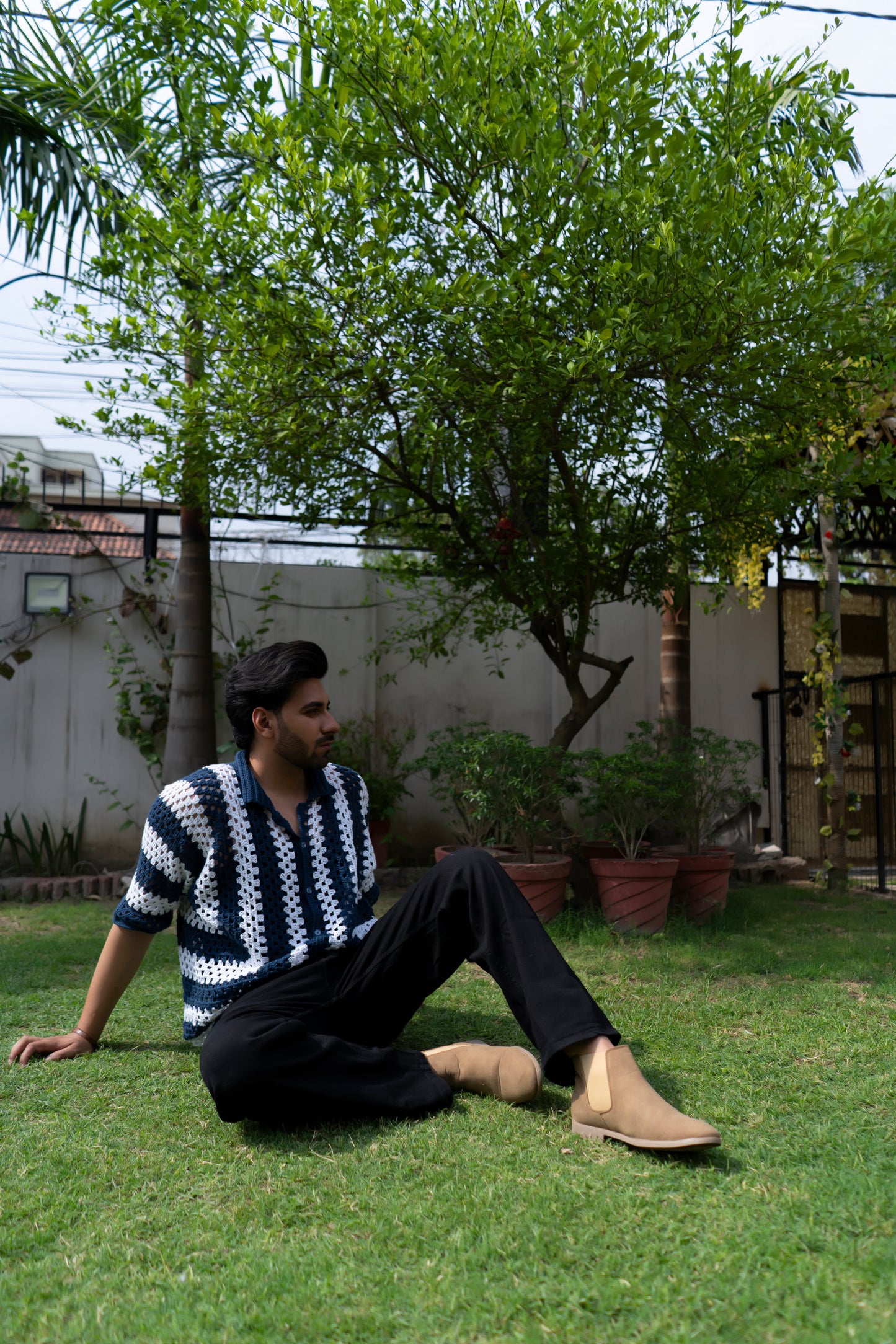Navy & White Striped Handmade Crochet Shirt