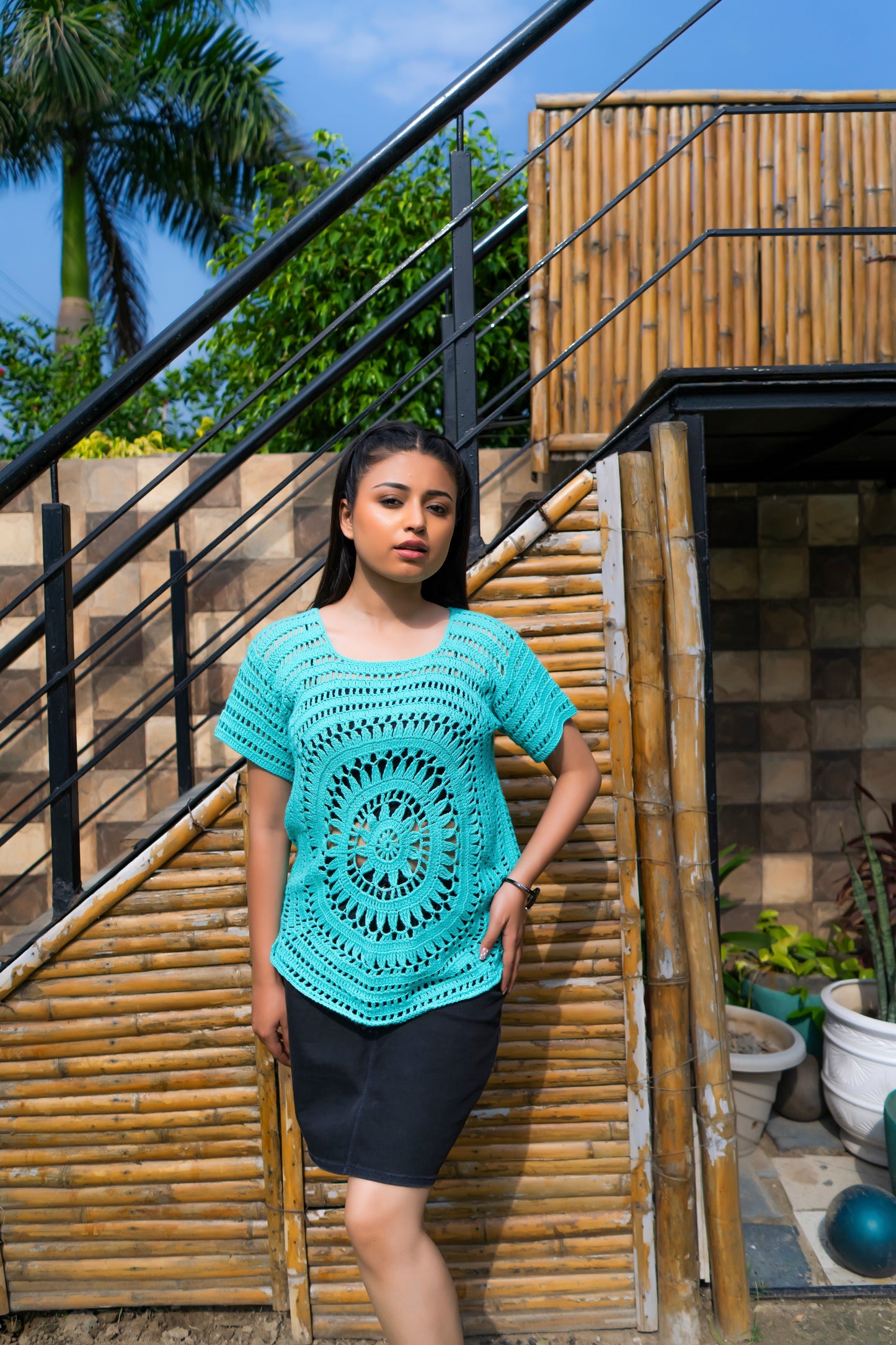 Turquoise Circular Motif Handmade Crochet Top