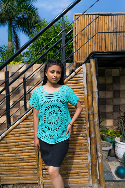 Turquoise Circular Motif Handmade Crochet Top