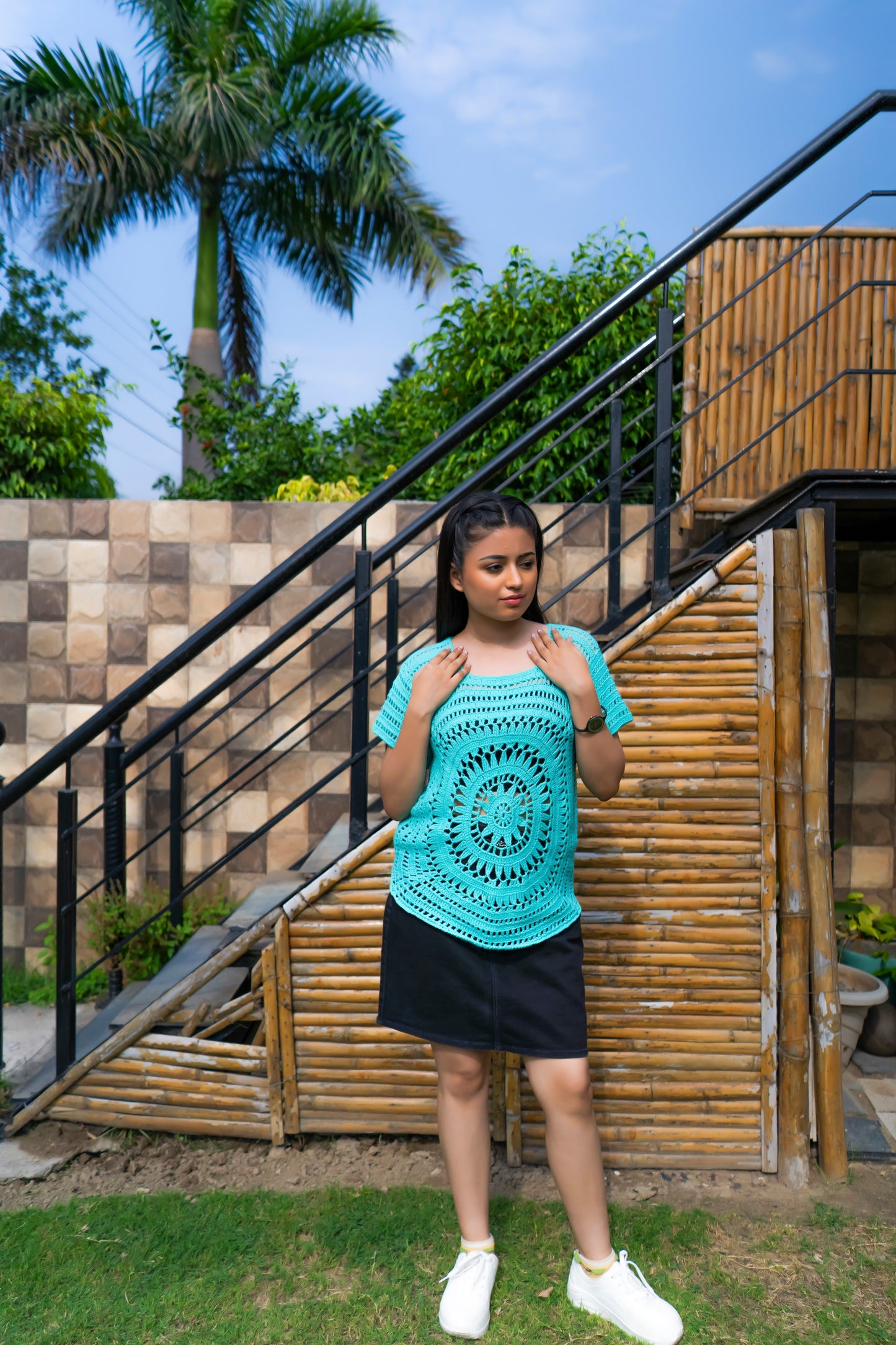 Turquoise Circular Motif Handmade Crochet Top
