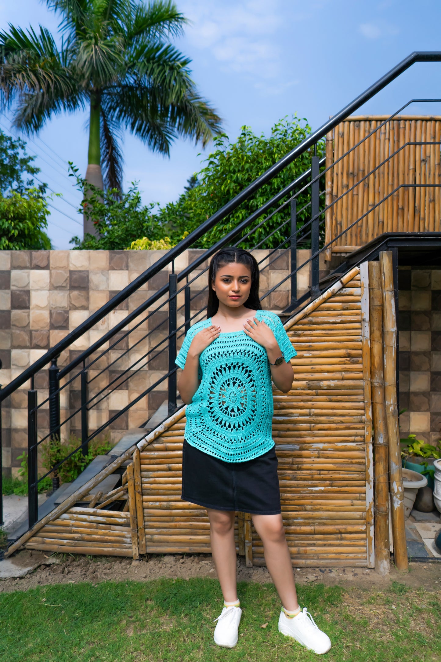 Turquoise Circular Motif Handmade Crochet Top