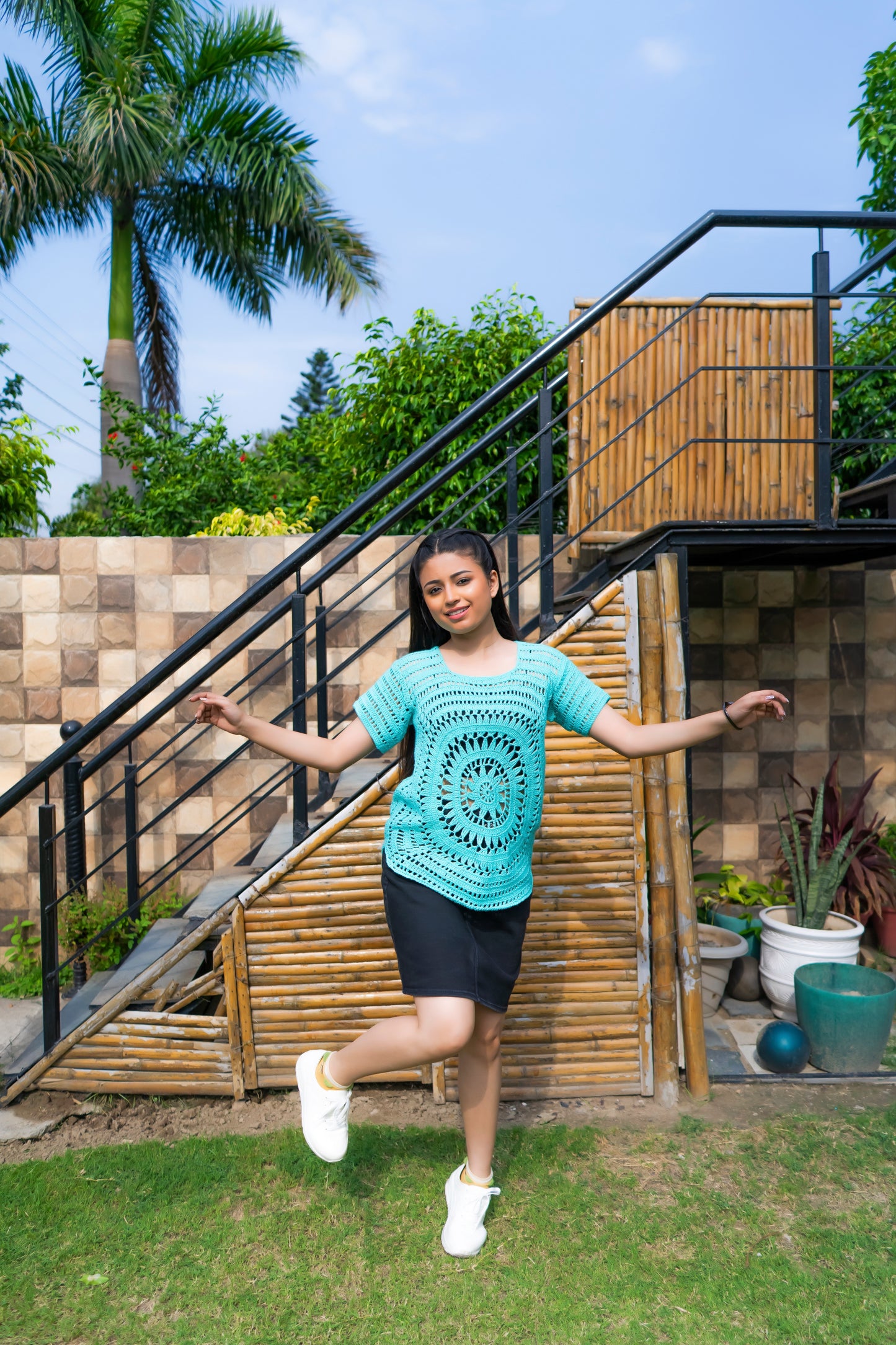 Turquoise Circular Motif Handmade Crochet Top