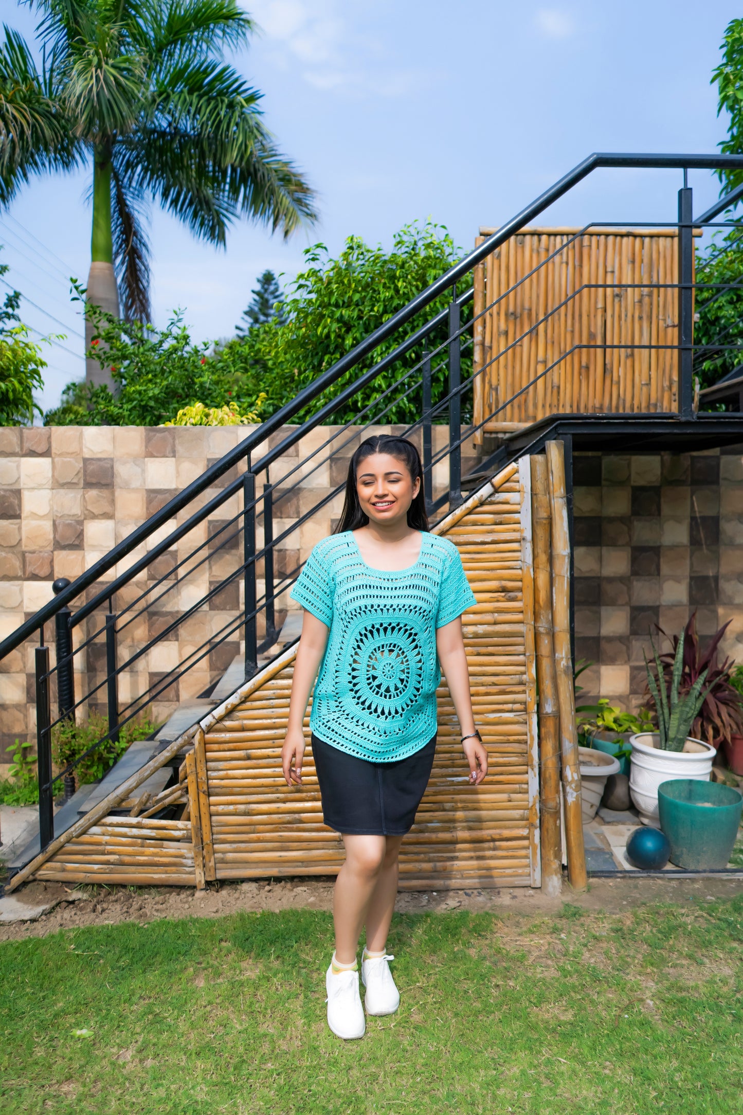 Turquoise Circular Motif Handmade Crochet Top