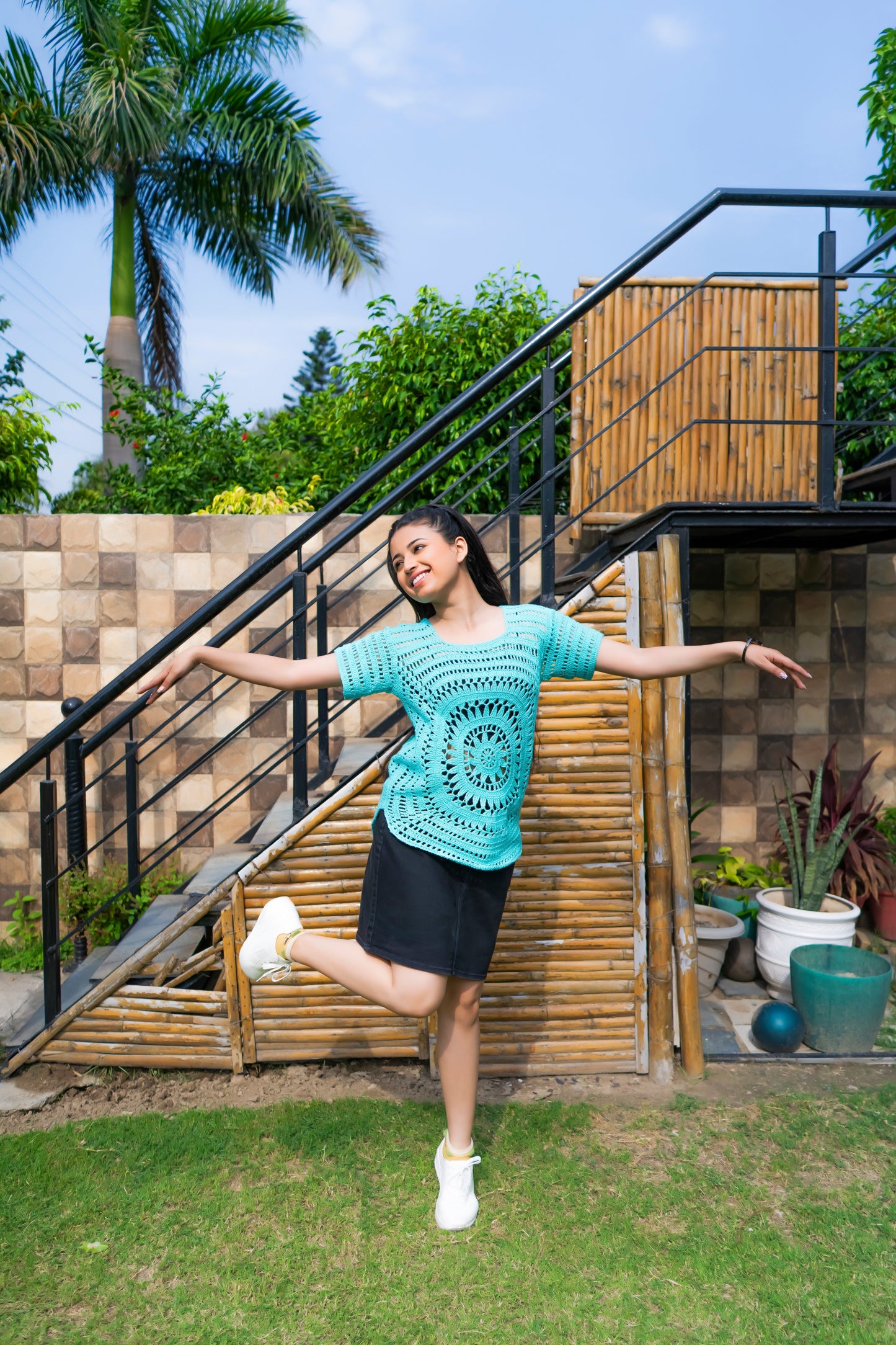 Turquoise Circular Motif Handmade Crochet Top