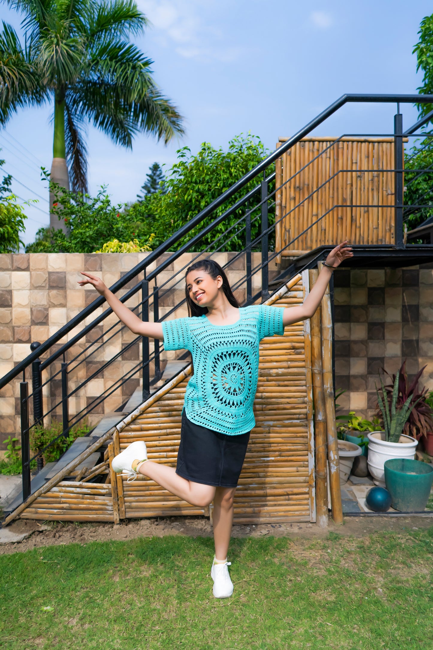 Turquoise Circular Motif Handmade Crochet Top