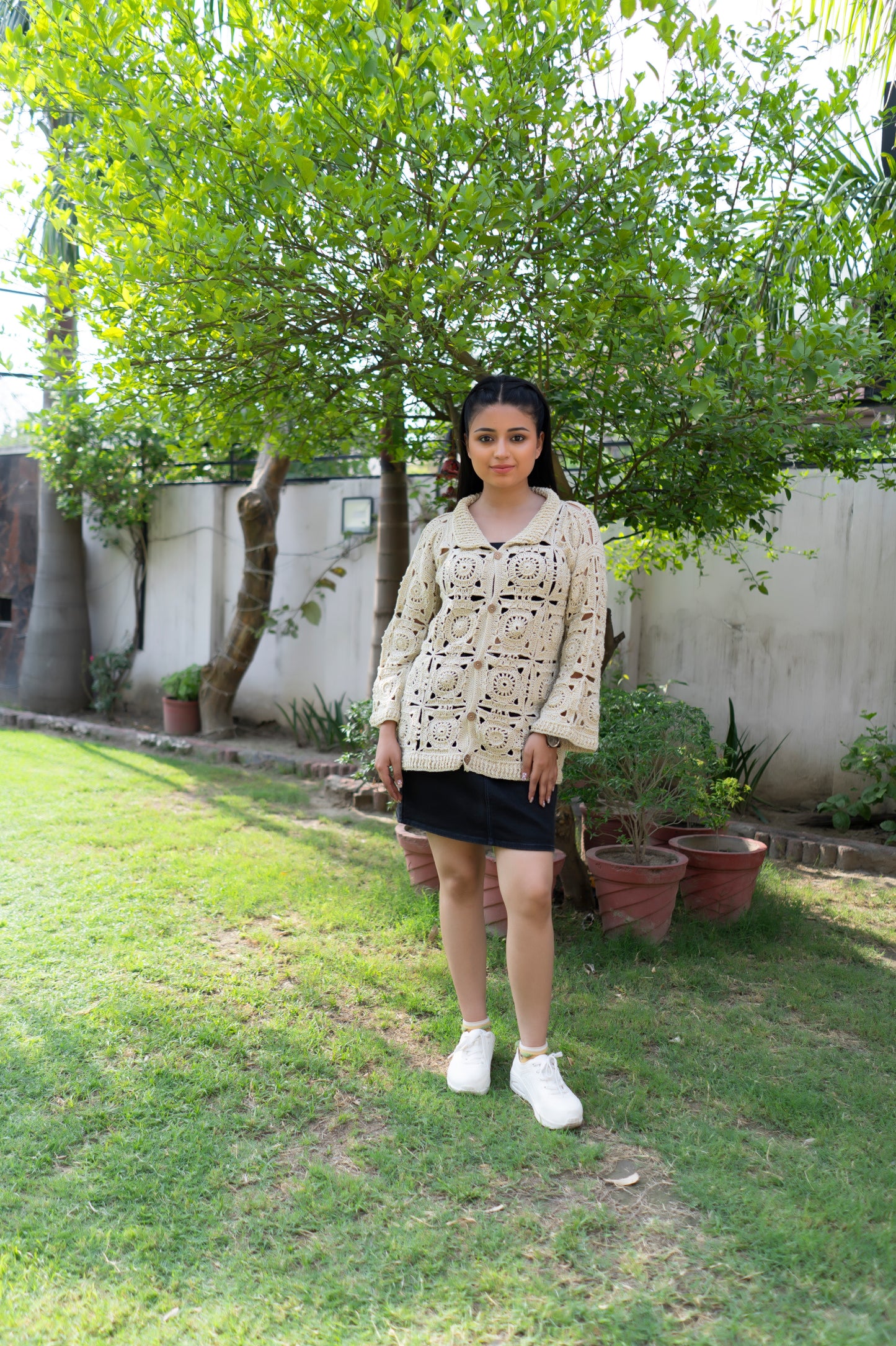 Cream Sunburst Motif Button-Down Cardigan