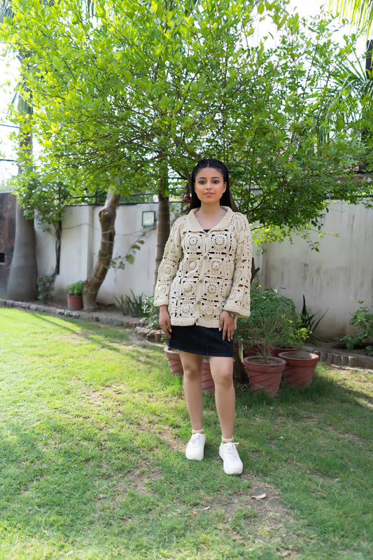 Cream Sunburst Motif Button-Down Cardigan