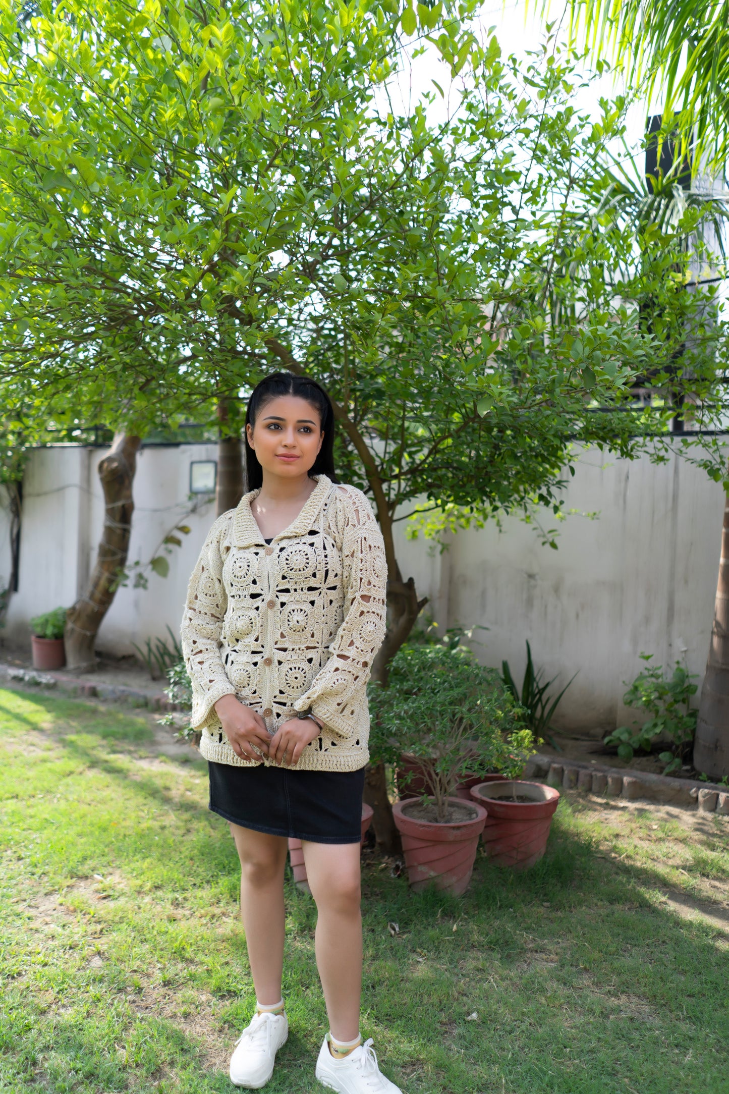 Cream Sunburst Motif Button-Down Cardigan