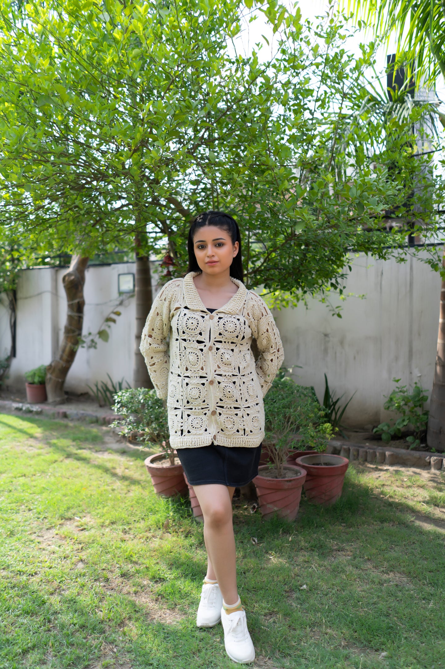 Cream Sunburst Motif Button-Down Cardigan