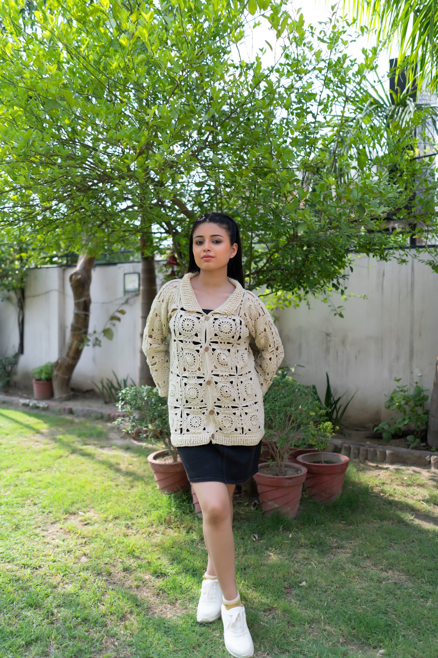 Cream Sunburst Motif Button-Down Cardigan