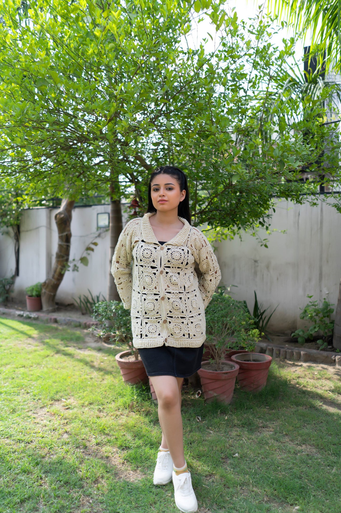 Cream Sunburst Motif Button-Down Cardigan