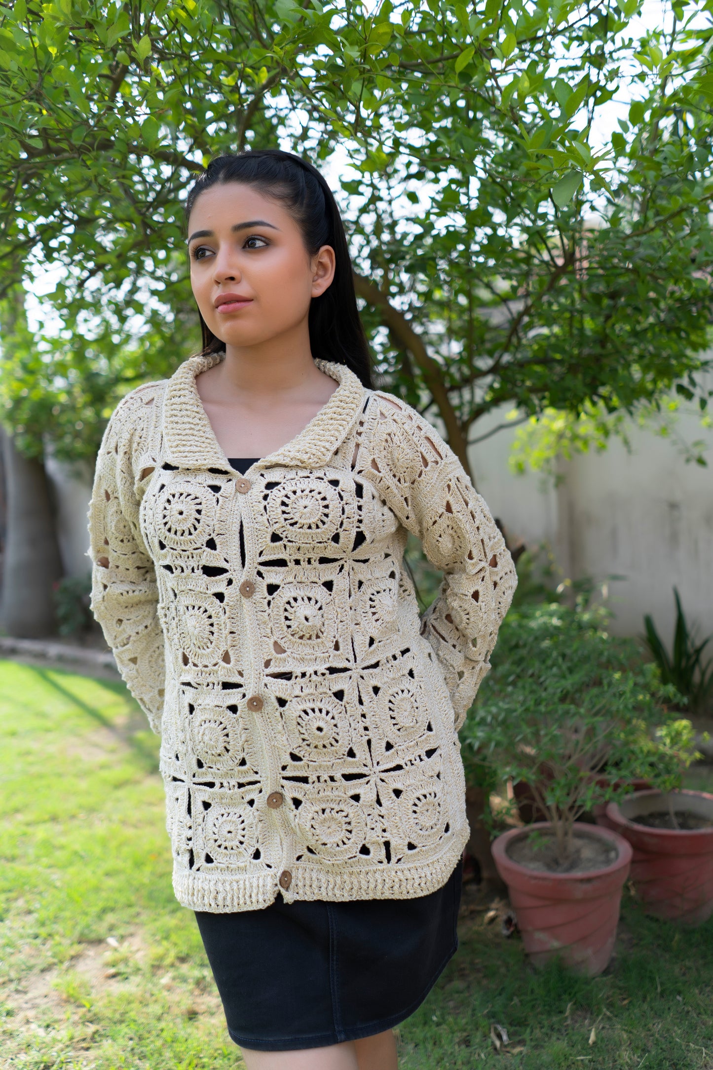 Cream Sunburst Motif Button-Down Cardigan