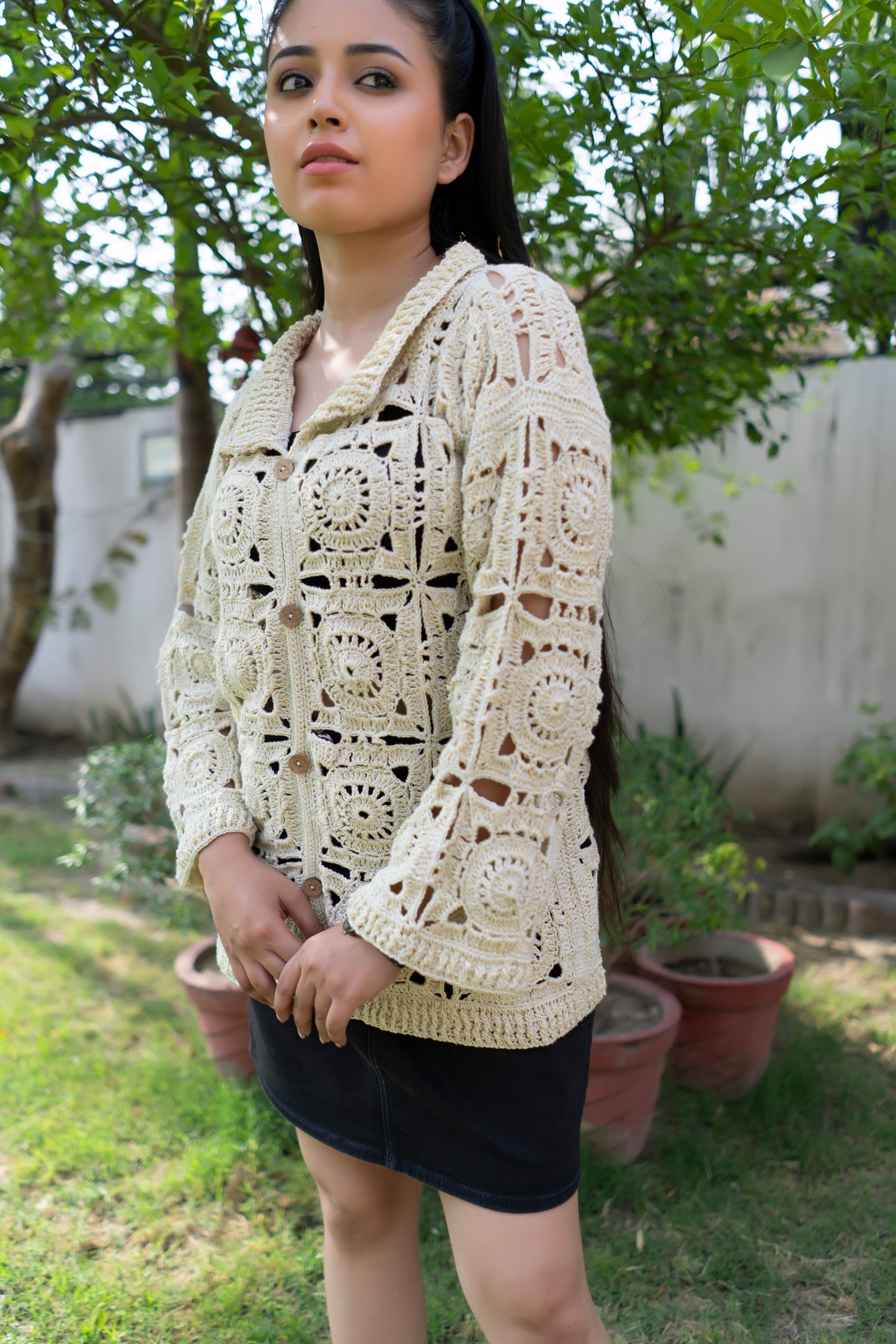 Cream Sunburst Motif Button-Down Cardigan
