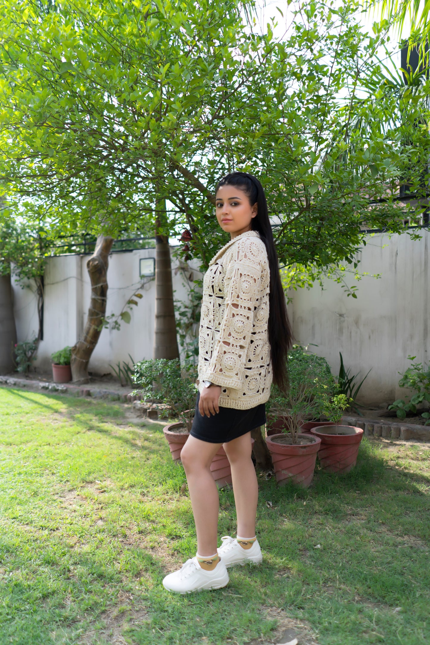 Cream Sunburst Motif Button-Down Cardigan