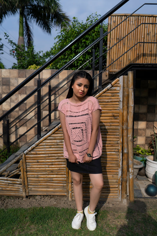 Blush Pink Granny Square Crochet Tunic