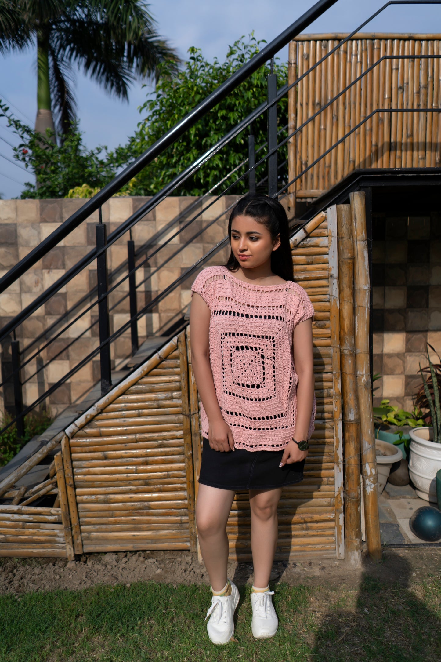 Blush Pink Granny Square Crochet Tunic